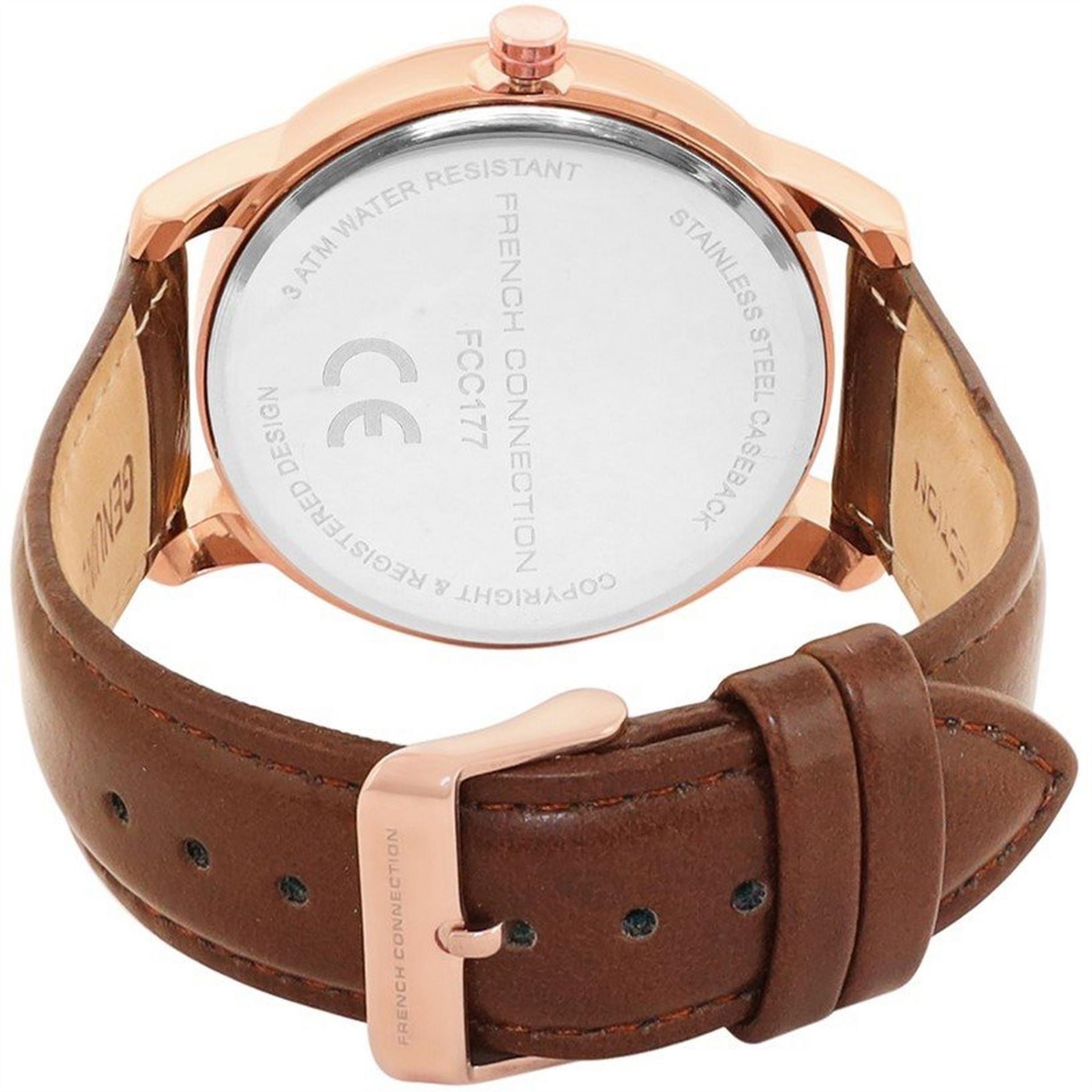 French Connection Connection Rose Case Round Shape Brown Strap Quartz Watch