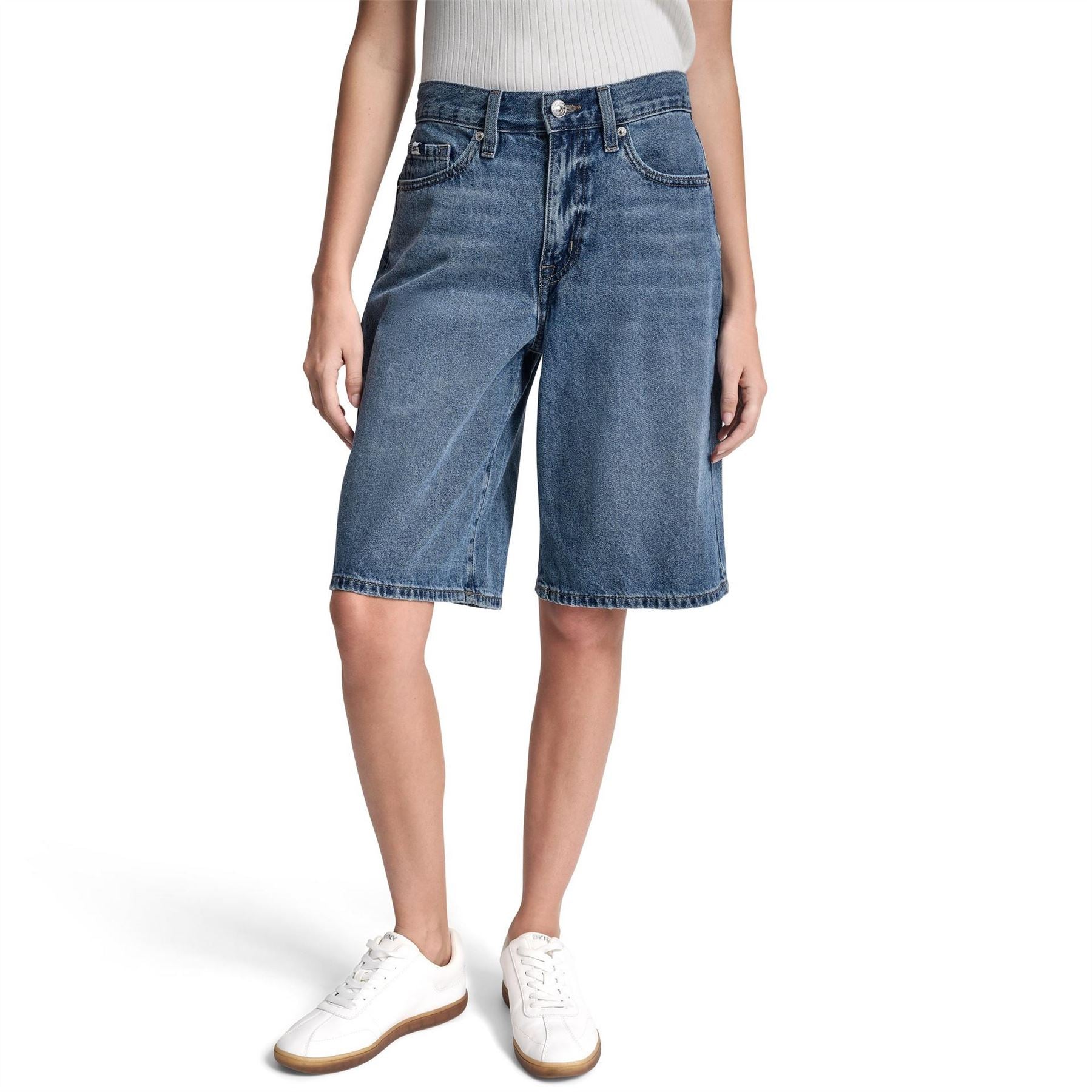 DKNY Jeans Mid Rise Relaxed Bermuda Denim Shorts