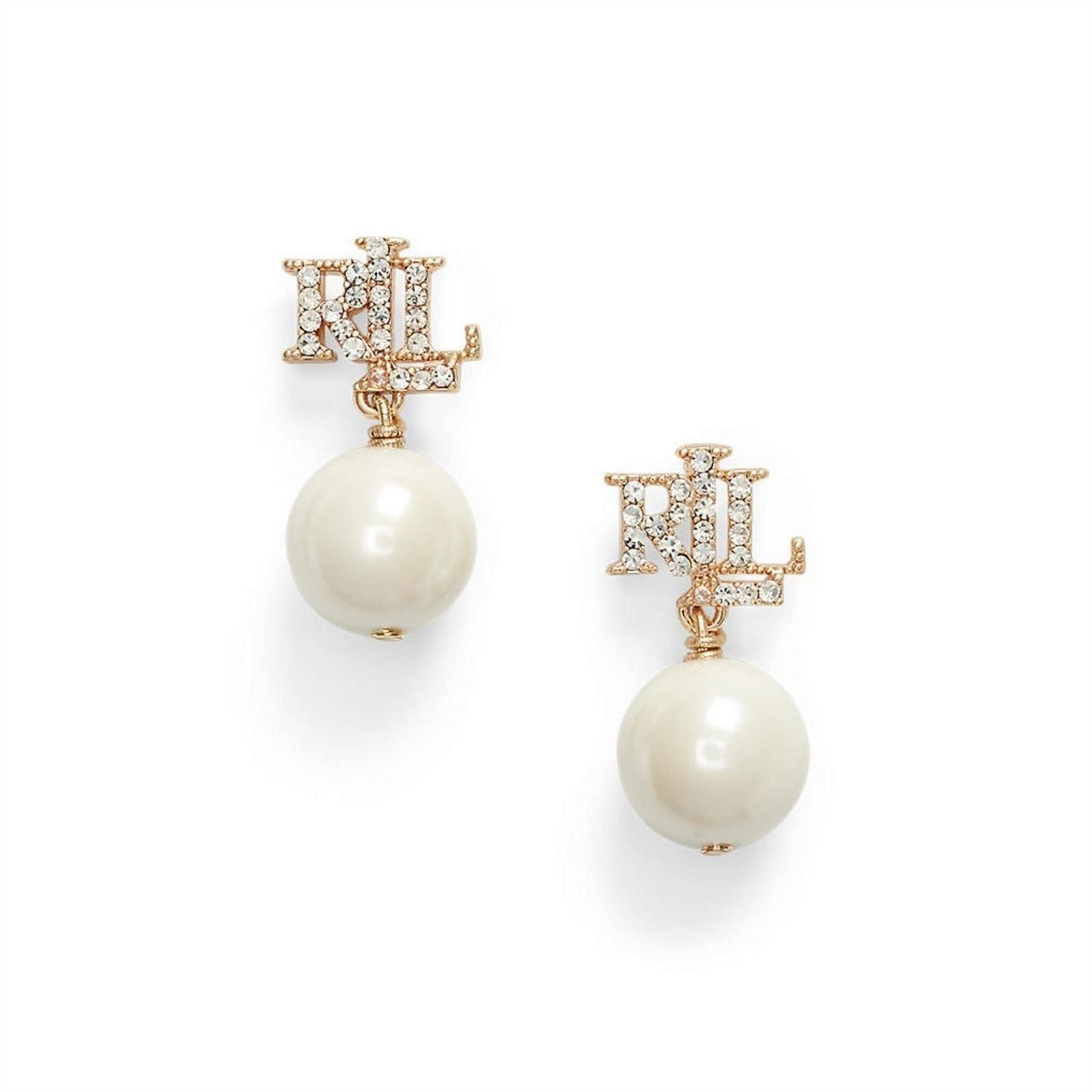 Lauren by Ralph Lauren Ralph Lauren Gold Pave Logo Pearl Drop Earrings