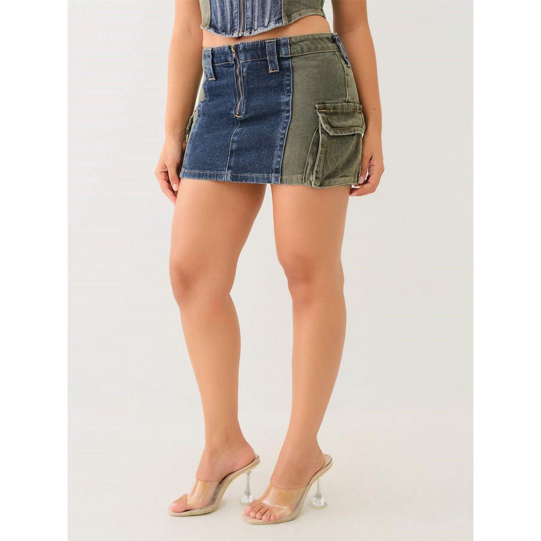 True Religion Colour Block Mini Denim Skirt