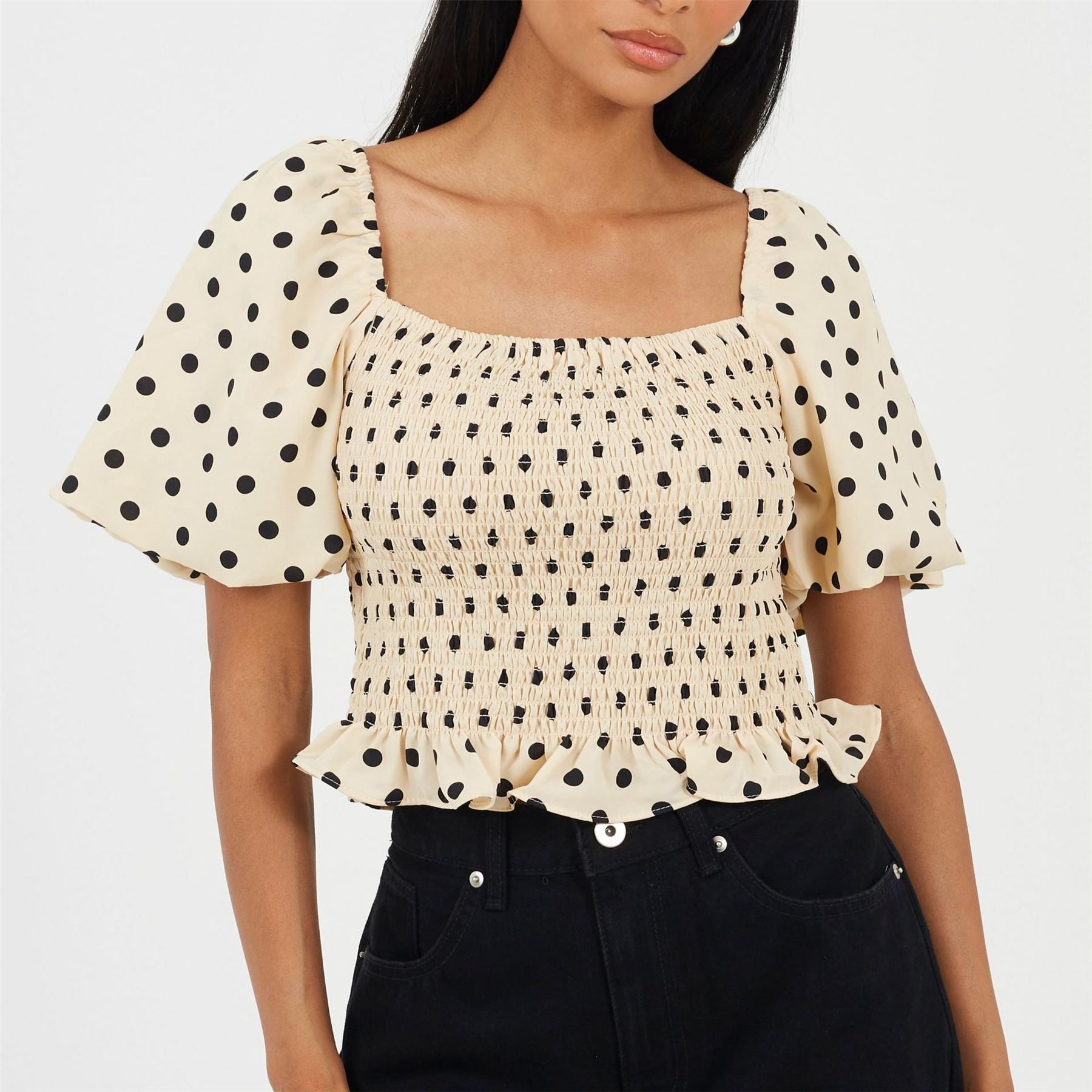 Brave Soul Womens Puff Sleeve Shirred Bust Polka Dot Top