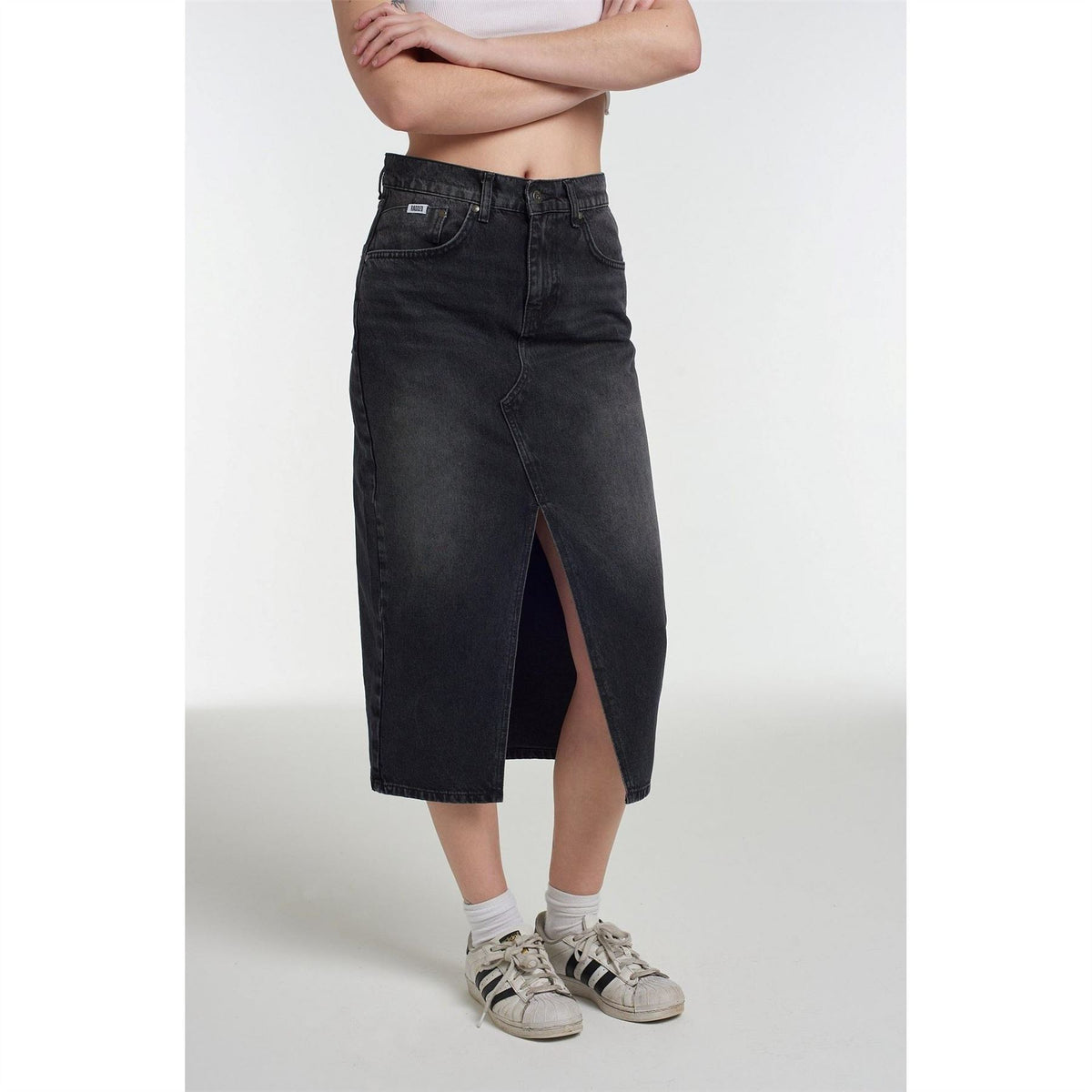 The Ragged Priest Midi Bleach Blue Wash Denim Skirt