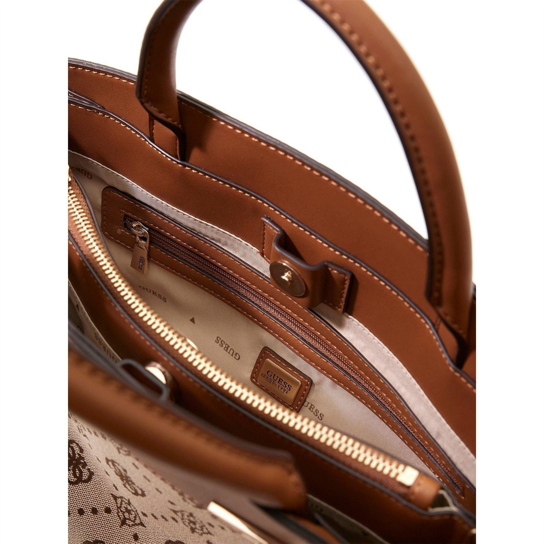 Guess Melinda All Over Logo Satchel with Gold Tone Hardware