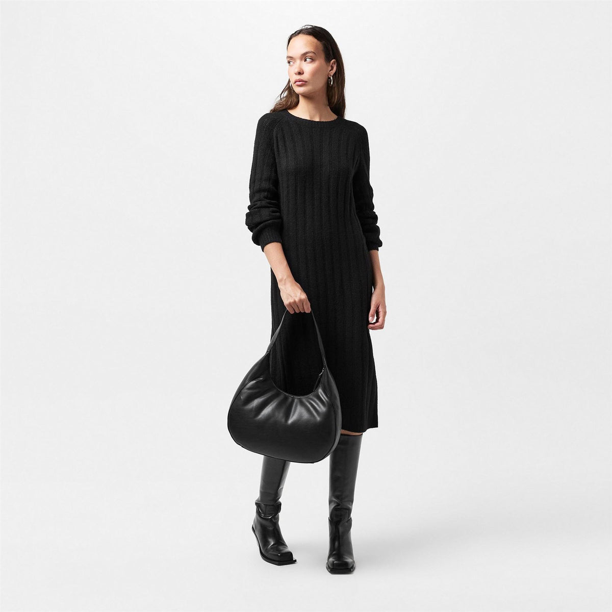 Pieces Knit Crew Neck Ribbed Cuff Midi Sweater Dress