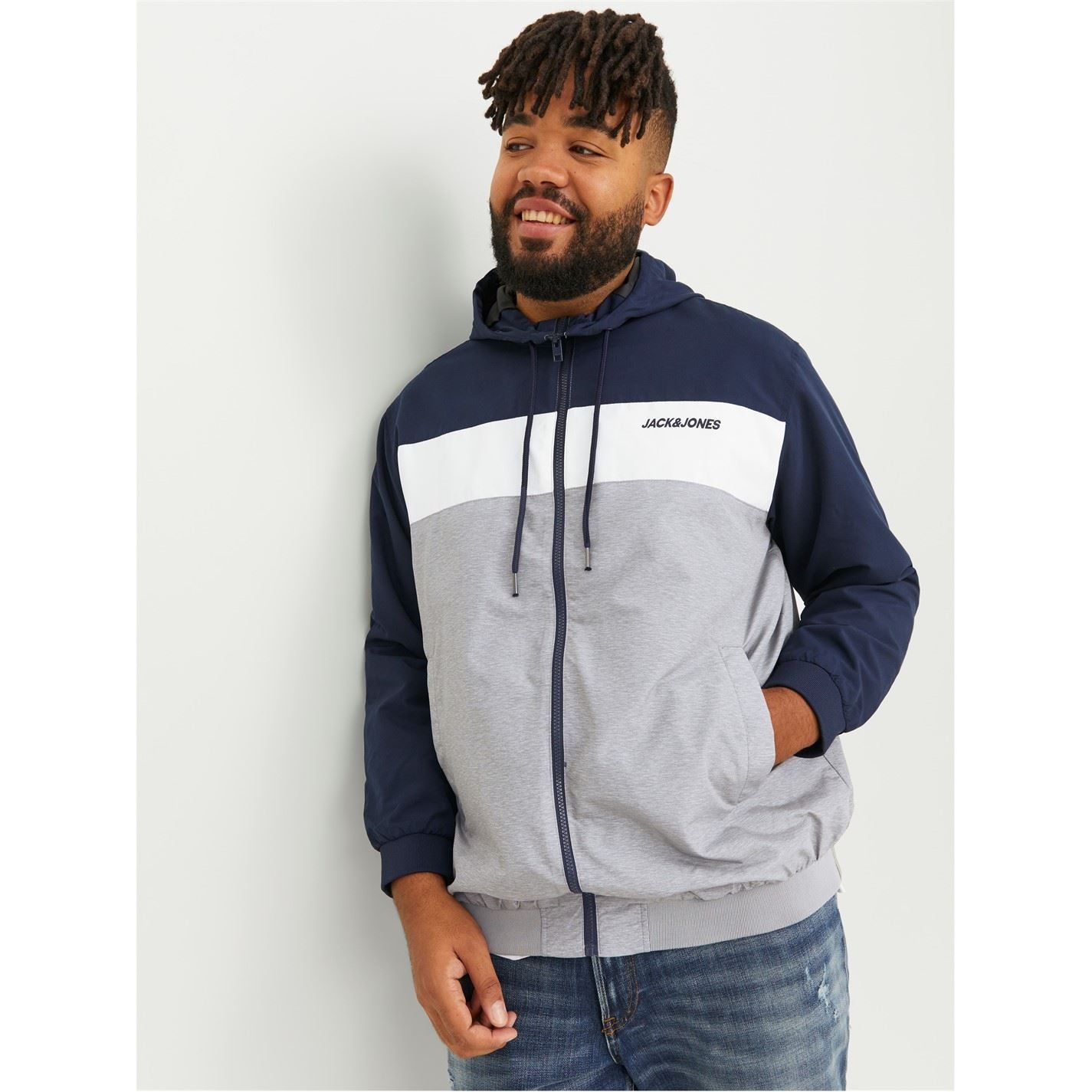 Jack and Jones Hooded Neck Color Block Ribbed Cuff Bomber Jacket