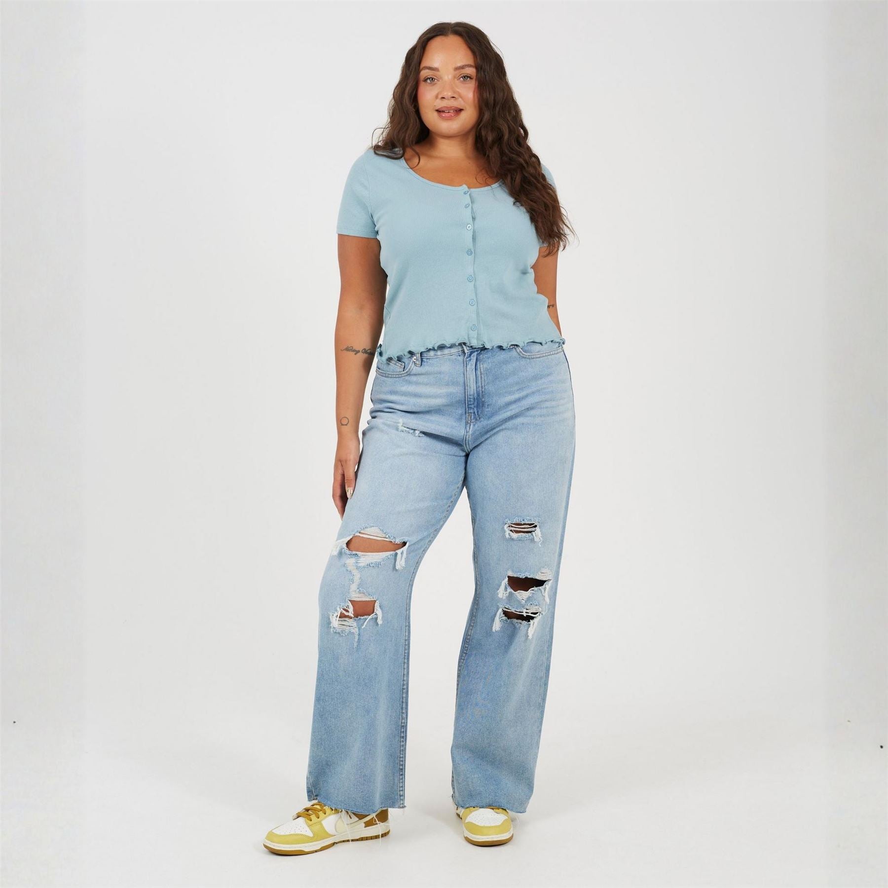 Brave Soul Plus Size Button Through Short Sleeve Top With Lettuce Hem