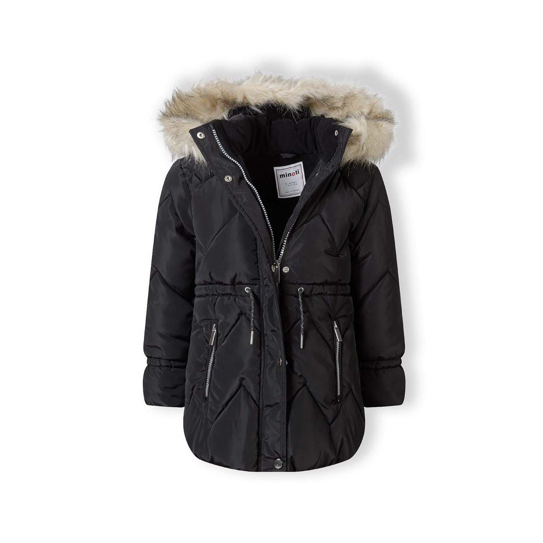 Minoti Girls Mid Length Quilted Winter Jacket Faux Fur Hood Black