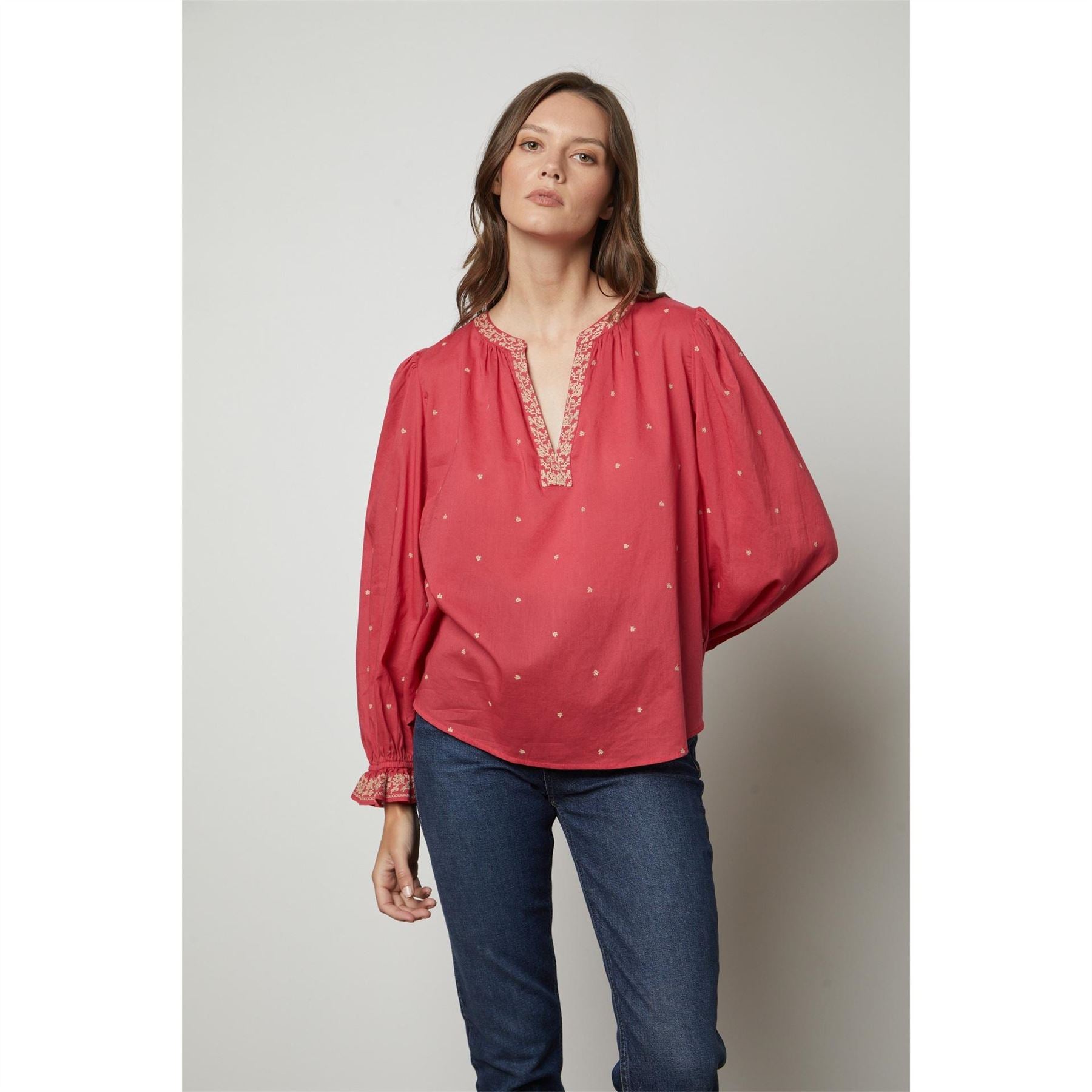 Velvet by Graham and Spencer Regular Fit V-Neck Bishop Sleeve Blouse