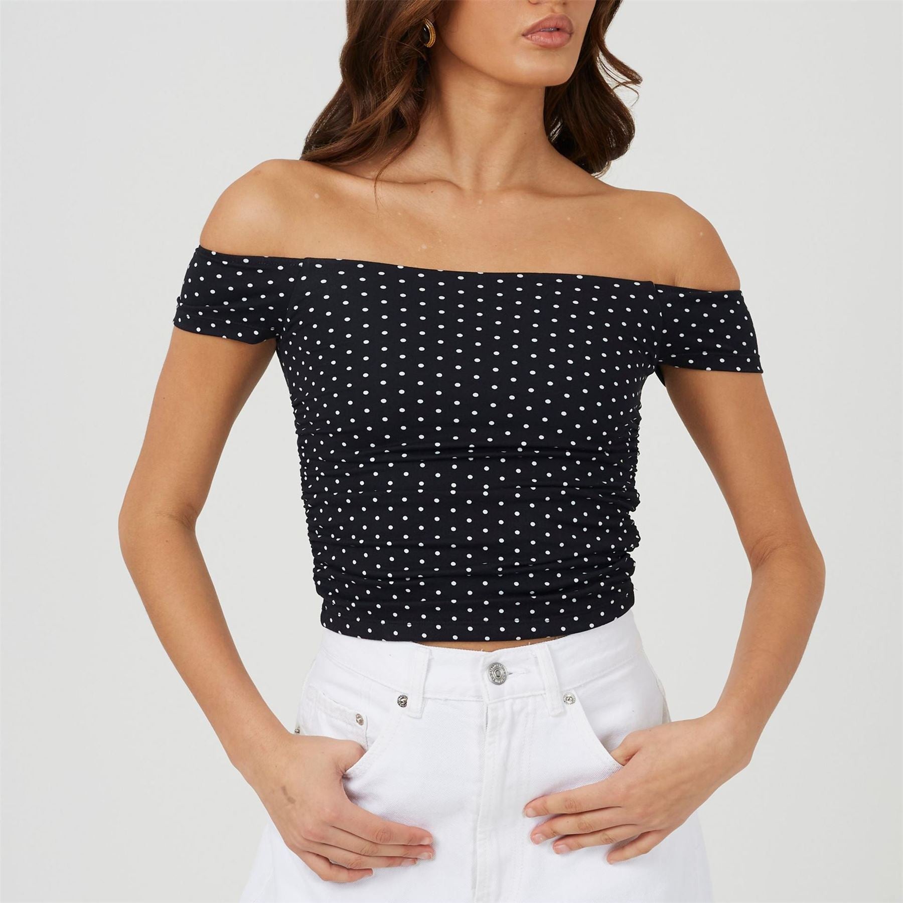 Brave Soul Womens Polka Dot Bardot Neck Jersey Top
