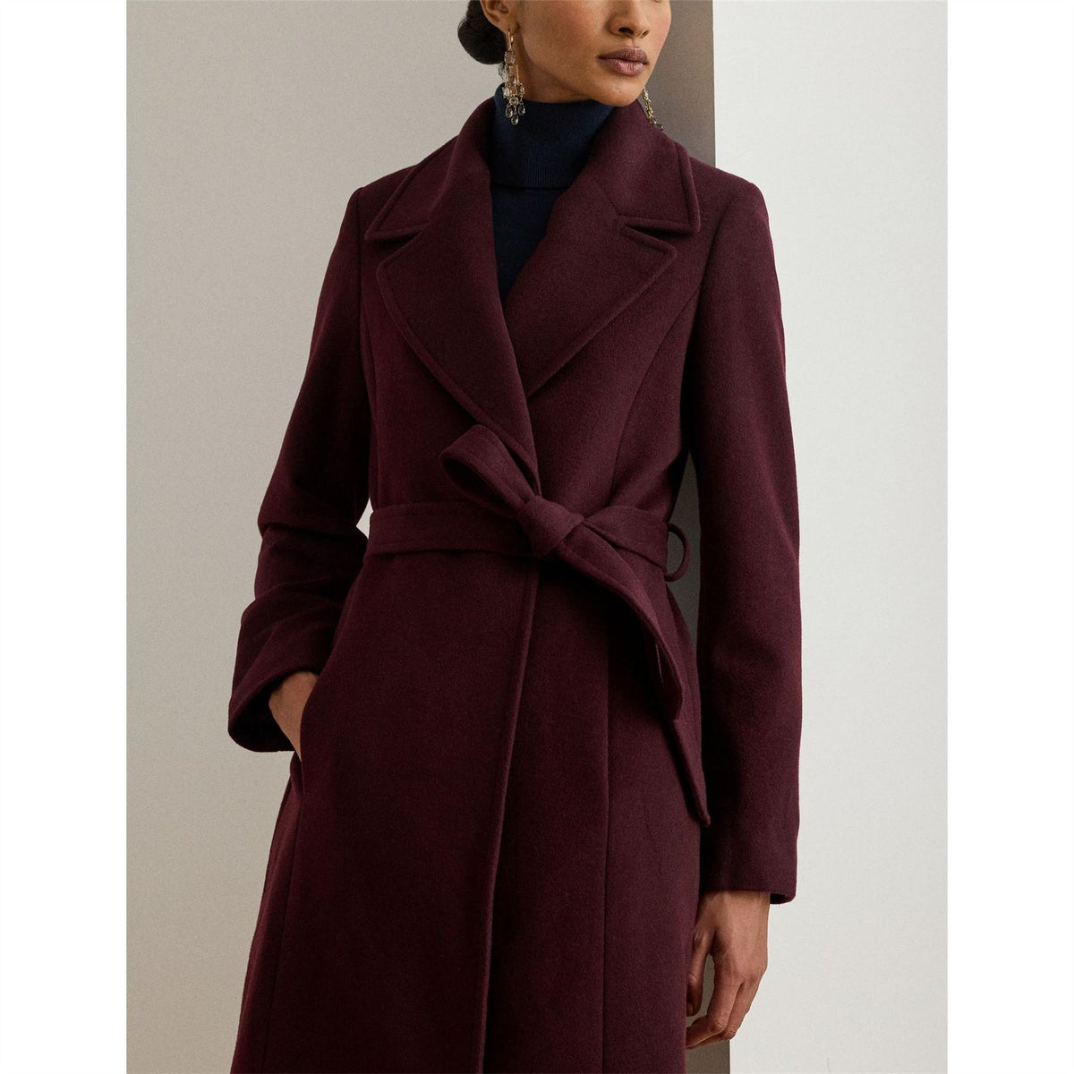 Lauren by Ralph Lauren Wool Solid Patterned Wrap Coat with Lapel Collar