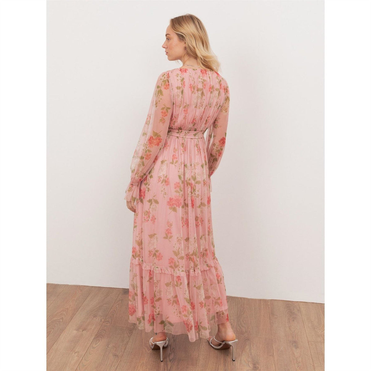 Anaya With Love With Love Recycled Pink Floral Print Faux Wrap Maxi Sleeve Midaxi Dress