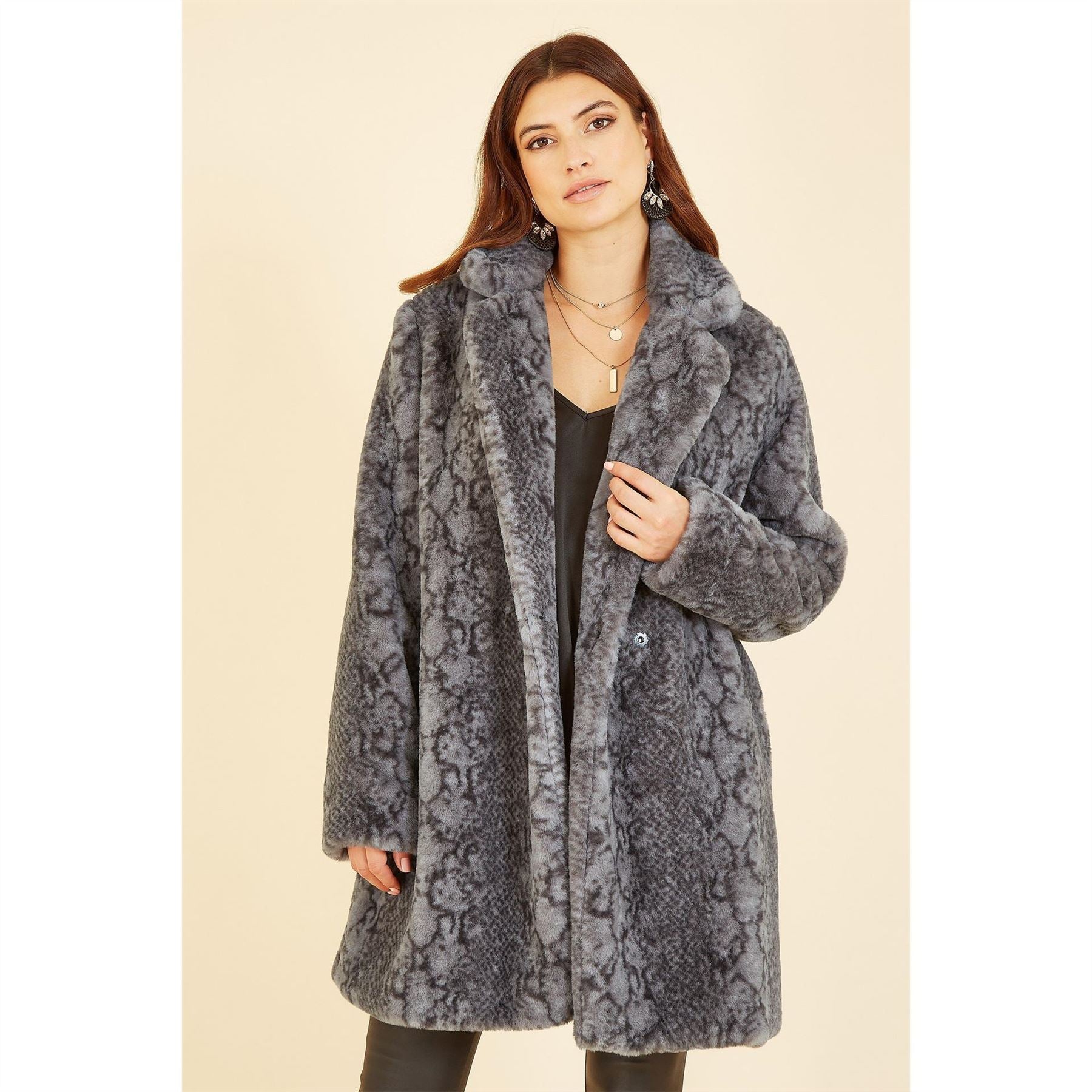 Yumi Snakeskin Print Faux Fur Coat