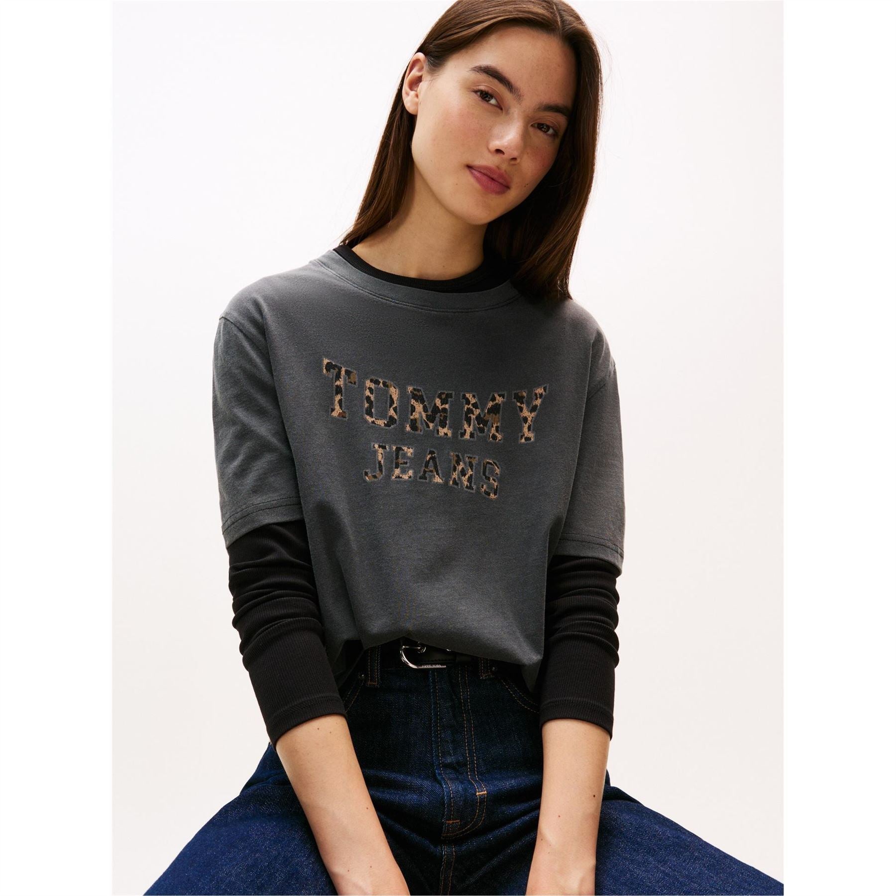 Tommy Jeans Leopard Lettered Crew Neck Short Sleeve T-Shirt