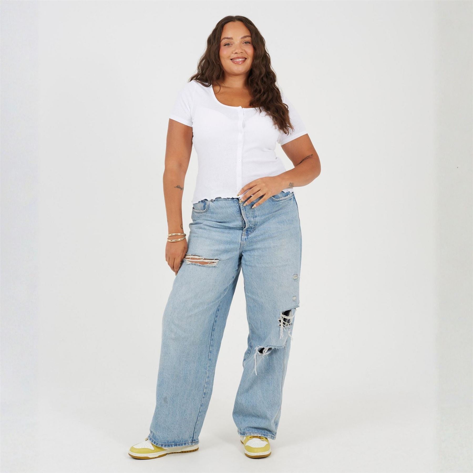 Brave Soul Plus Size Button Through Short Sleeve Top With Lettuce Hem