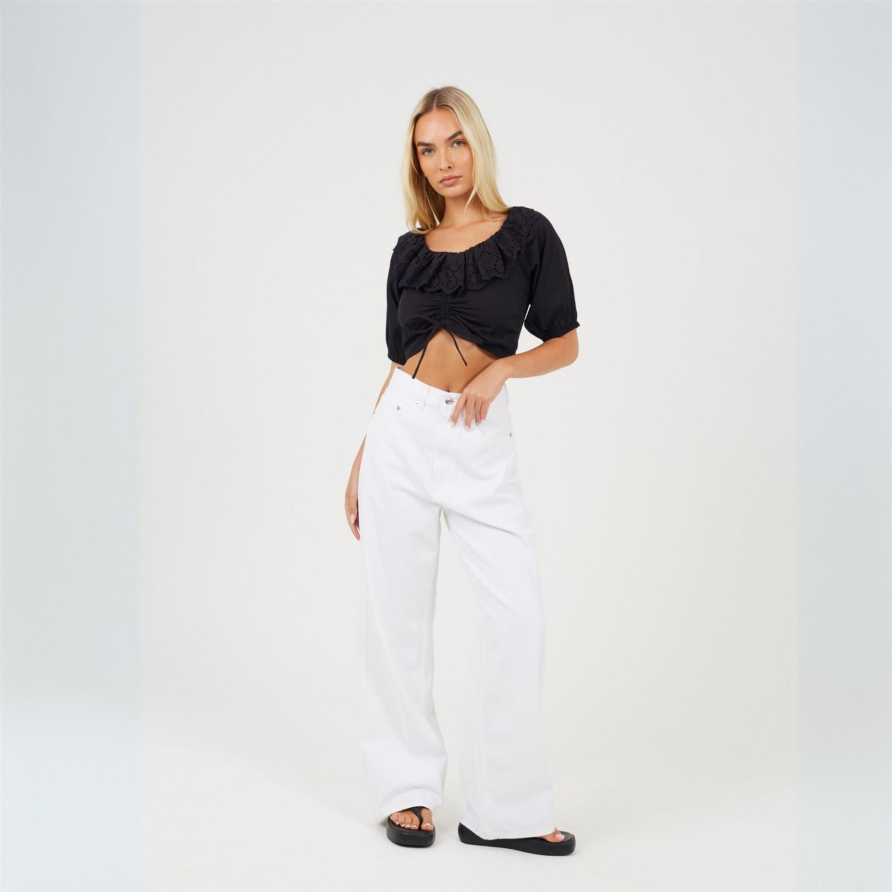 Brave Soul Womens Half Sleeve Cropped Top With Broderie Frill