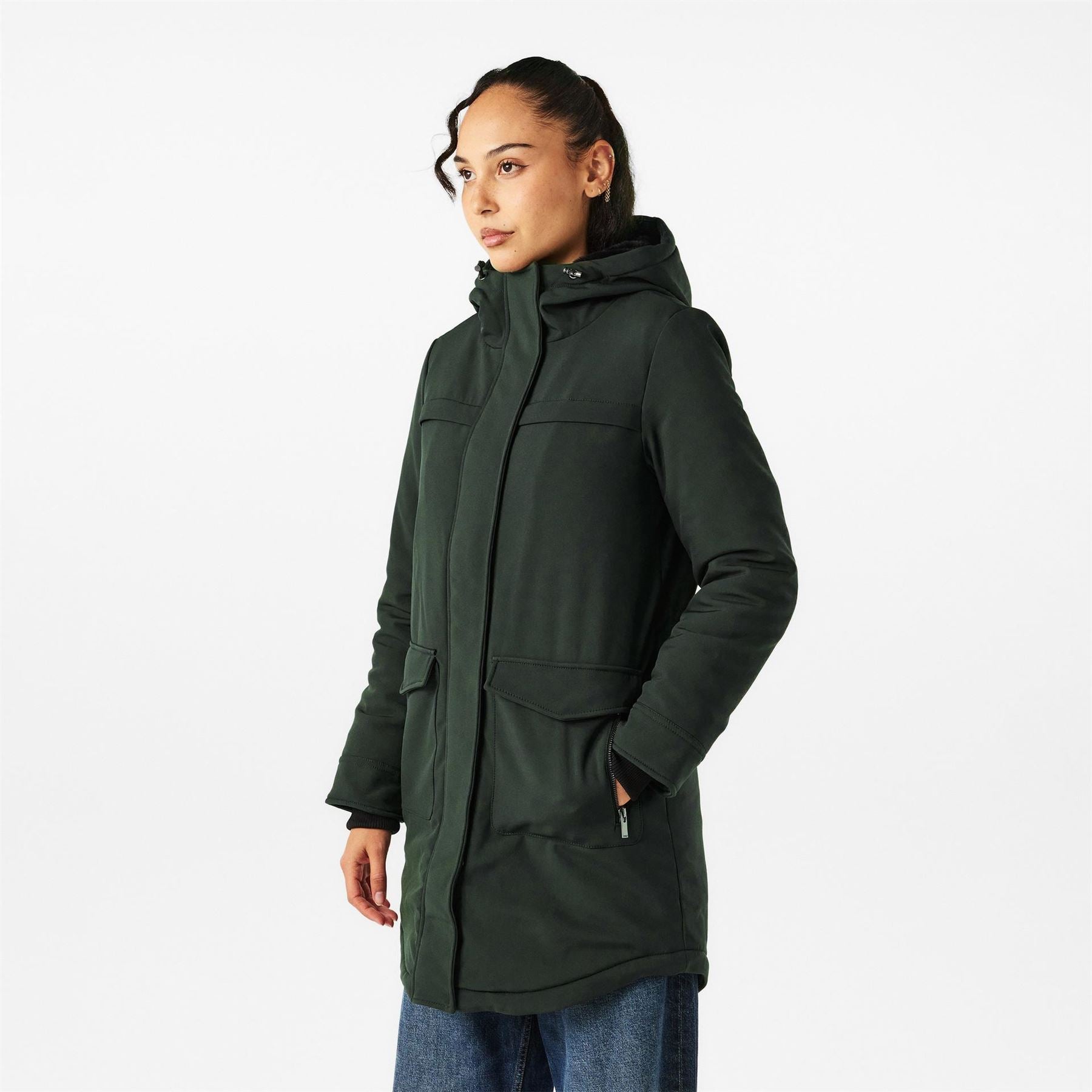 Only Hooded Neck Solid Patterned Parka Coat with Ribbed Cuff