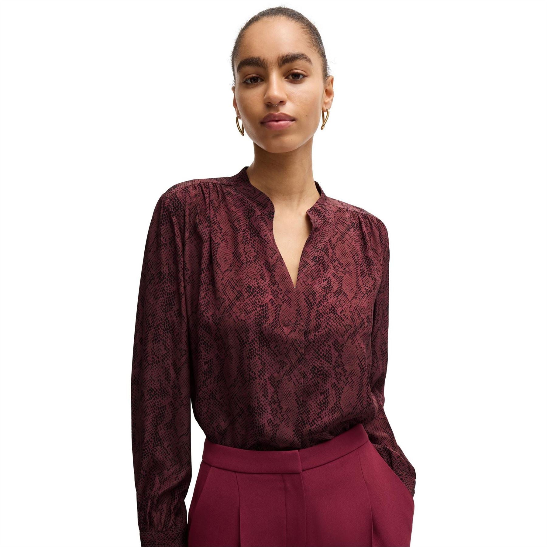 Boss Notched Neck Band Collar Long Sleeve Blouse