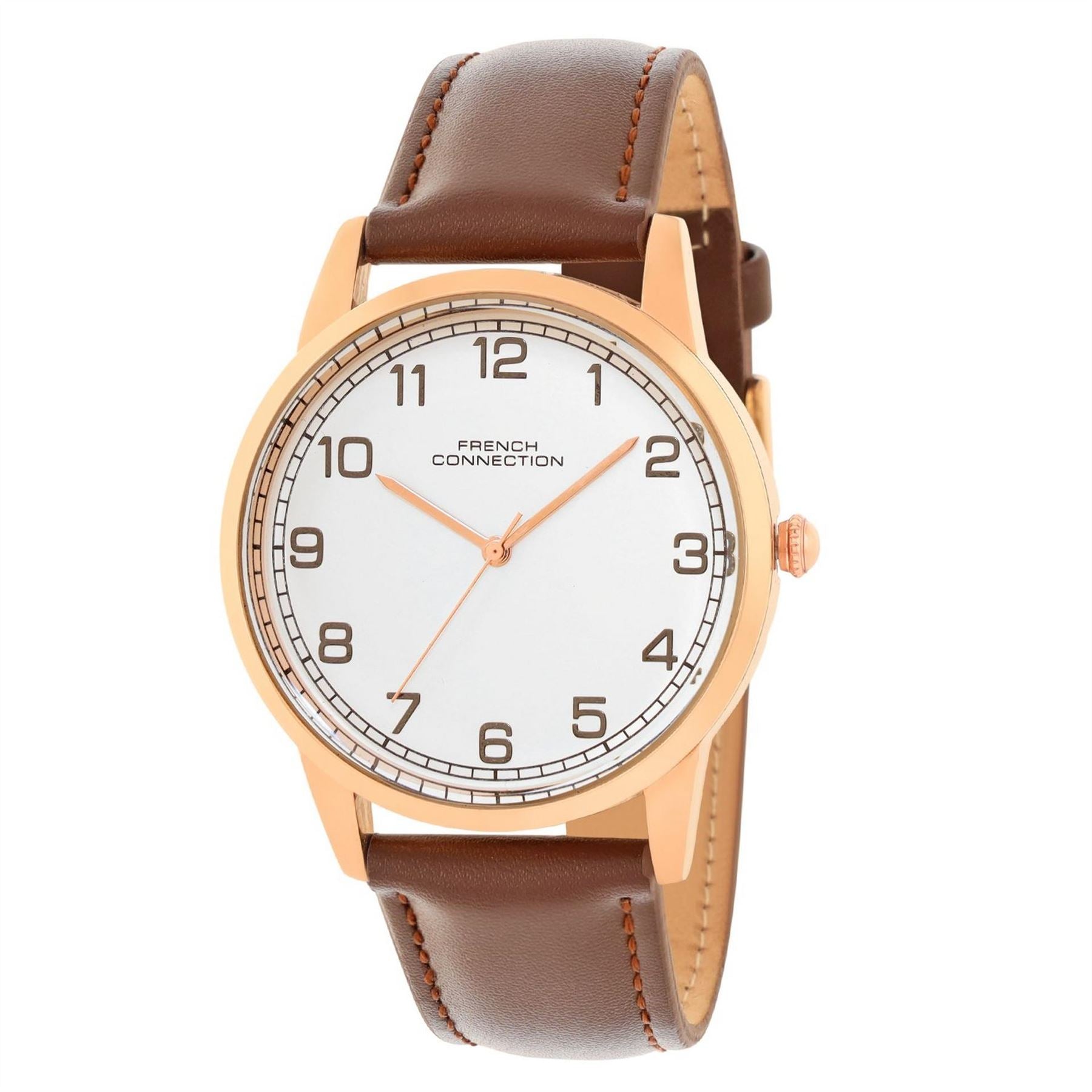 French Connection Connection Rose Case Round Shape Black Strap Quartz Watch