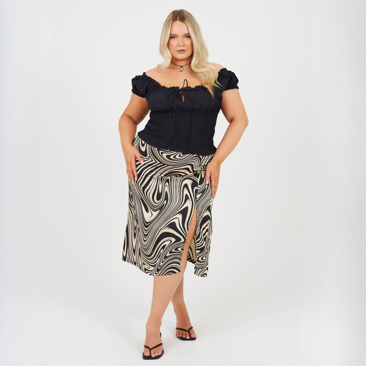 Brave Soul Plus Size Swirl Print Skirt With Side Split  And  Button Detail