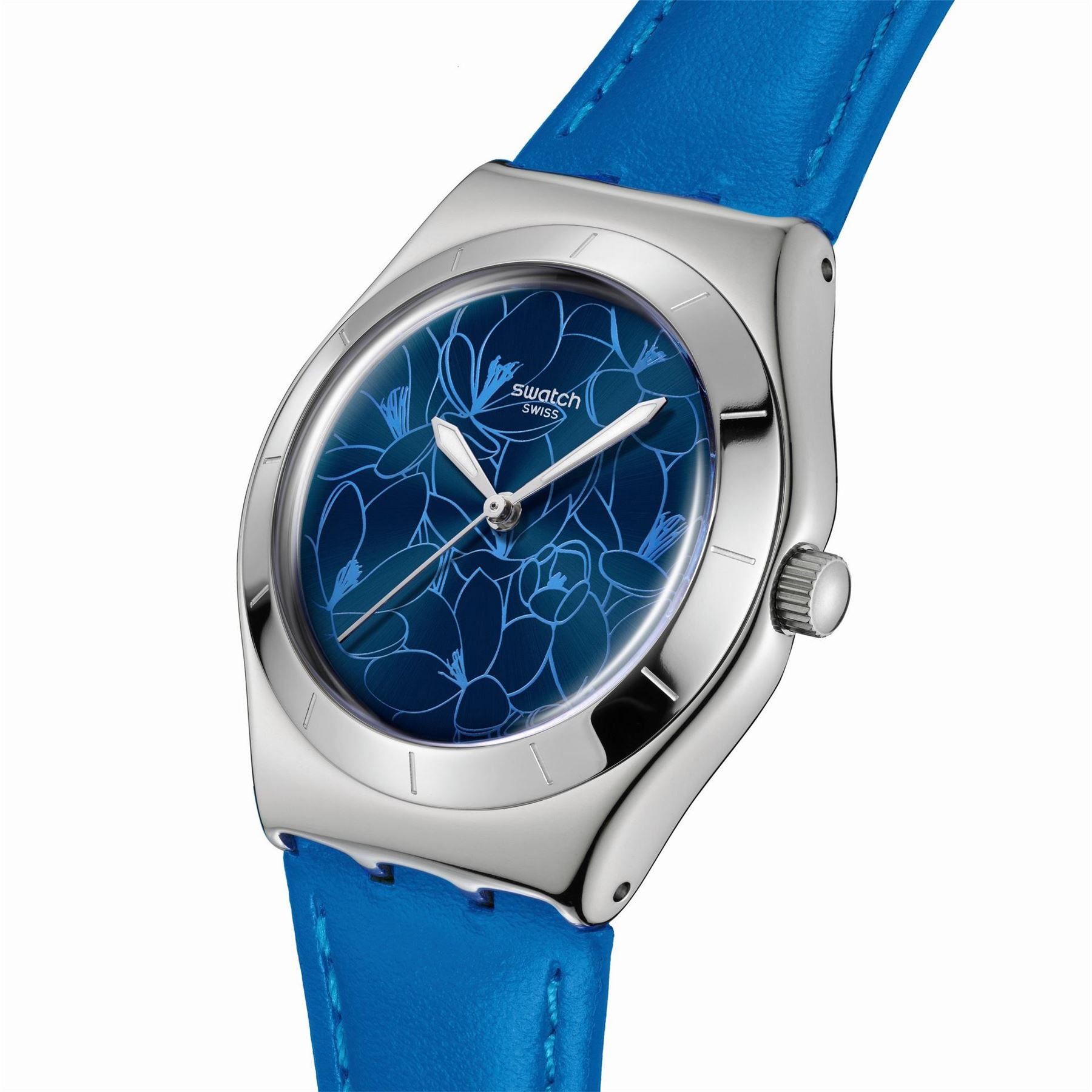 Swatch Blue Petal 53 Leather Strap Fashion Analogue Watch