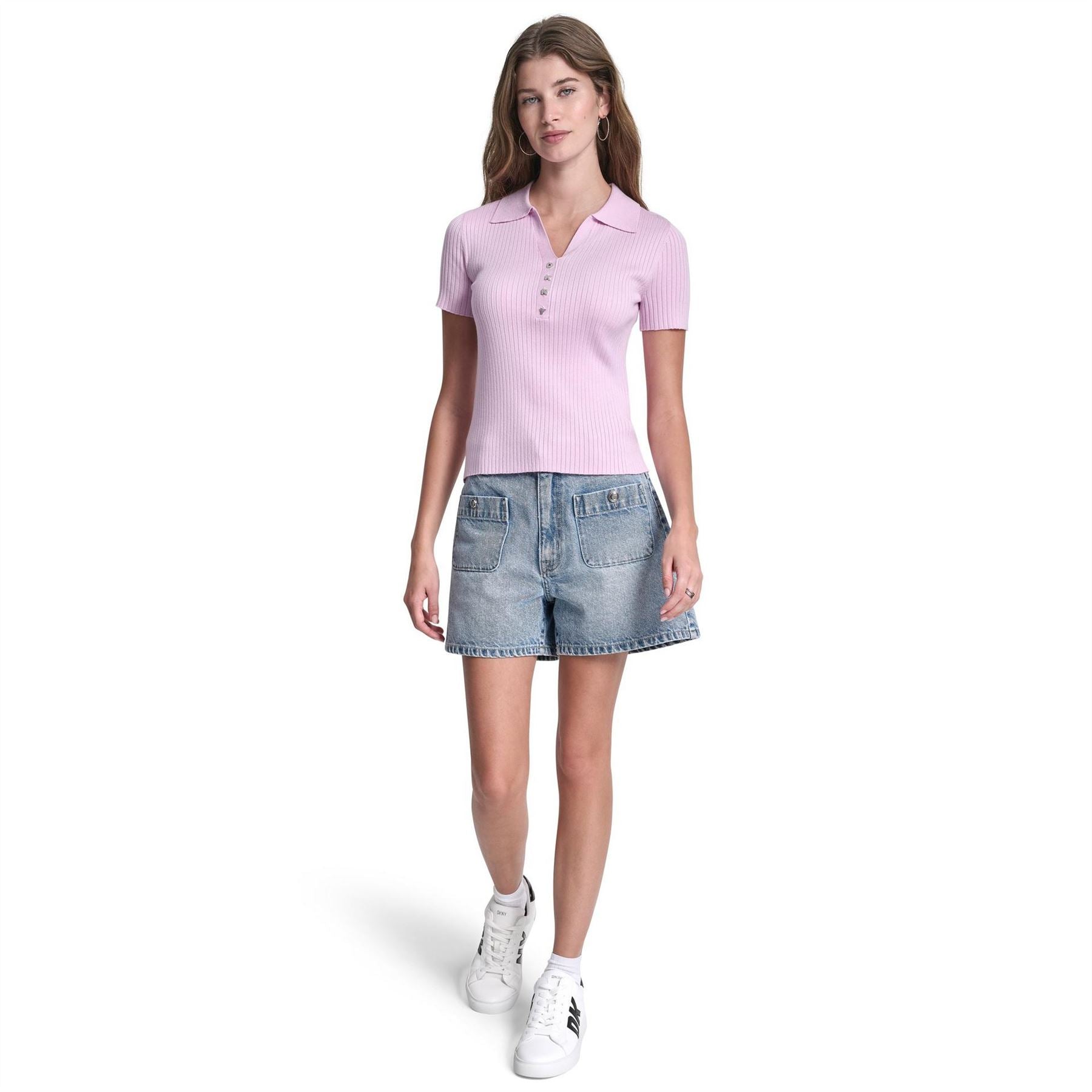 DKNY Jeans Short Sleeve Rib Polo W  Logo Rhinestone Buttons
