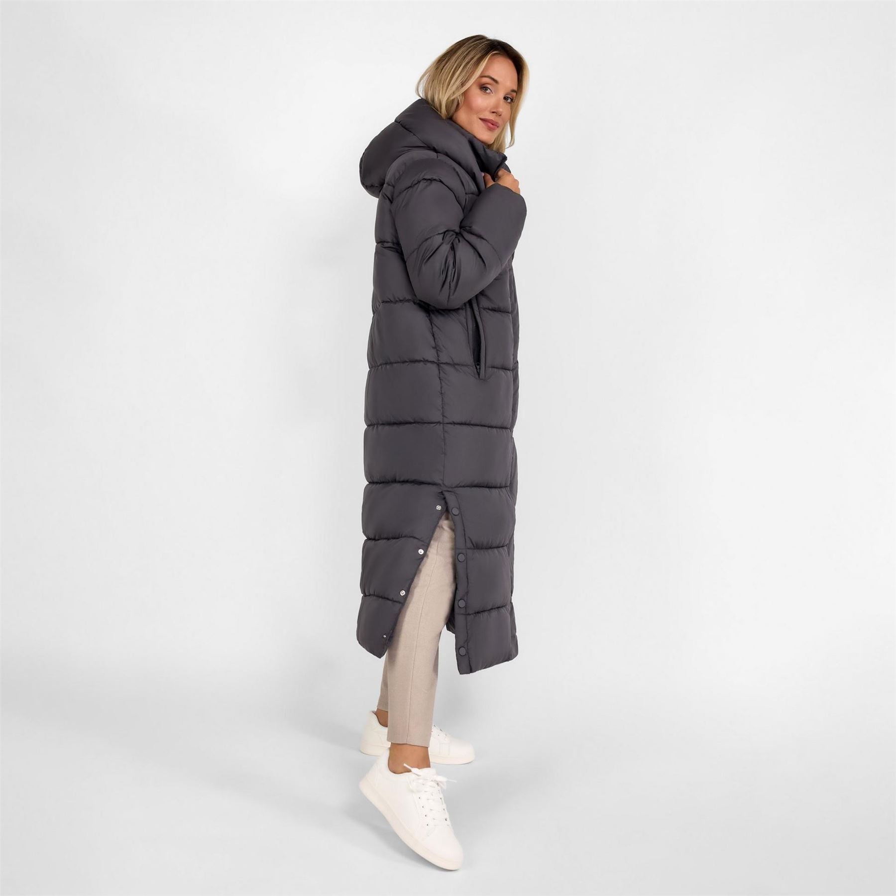 Minoti Women Long Padded Winter Coat With Hood And Zip Pockets Grey