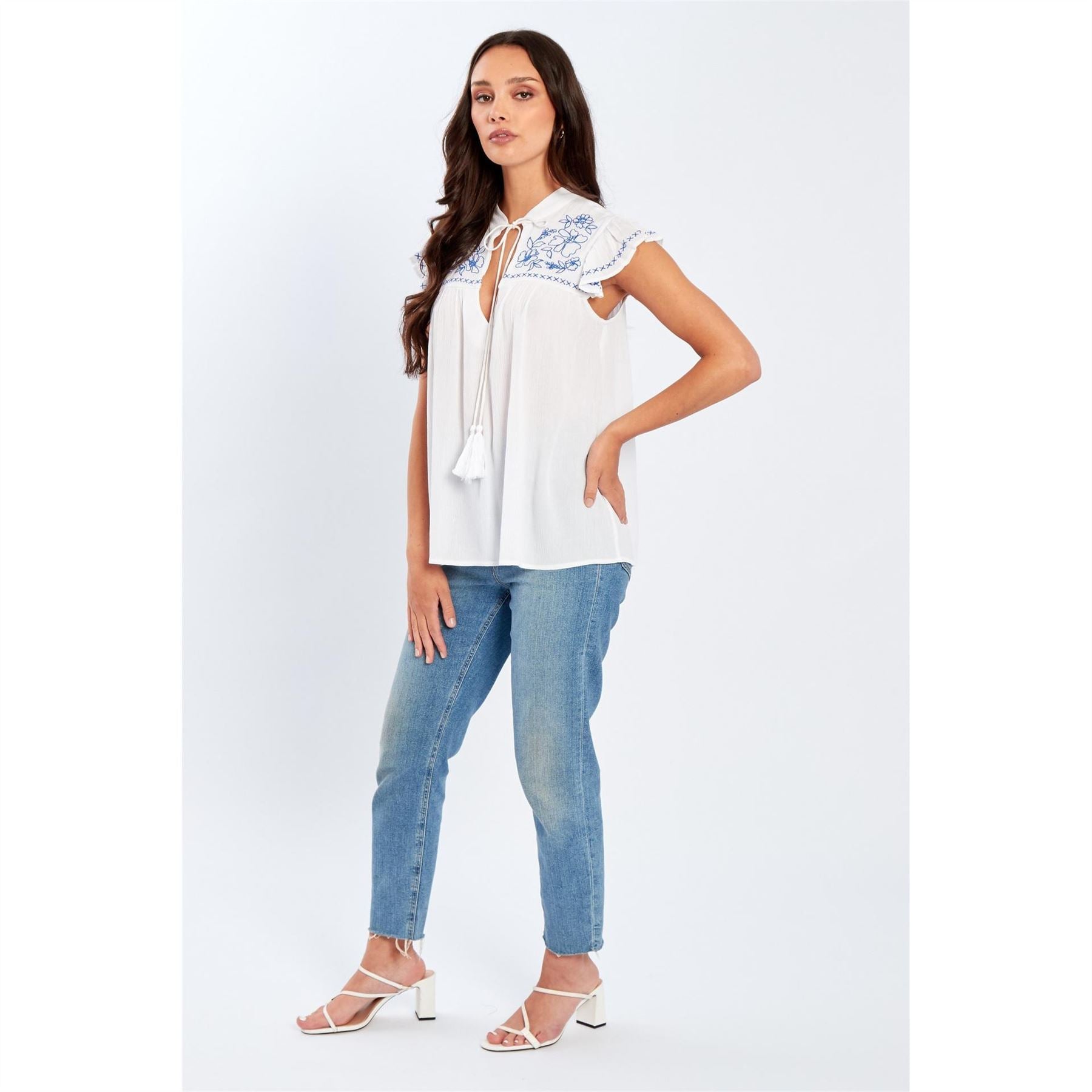 Be You Embroidered Keyhole Neck Relaxed Fit Blouse
