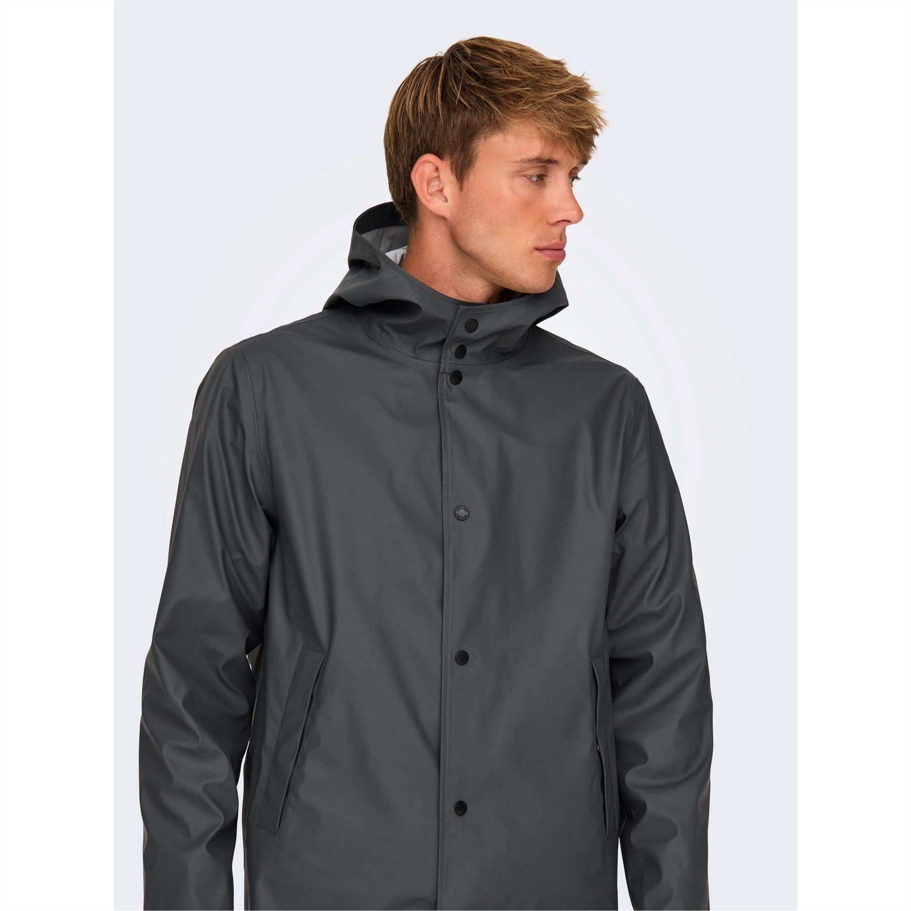 Only Solid Patterned Hooded Snap Button Rain Coat