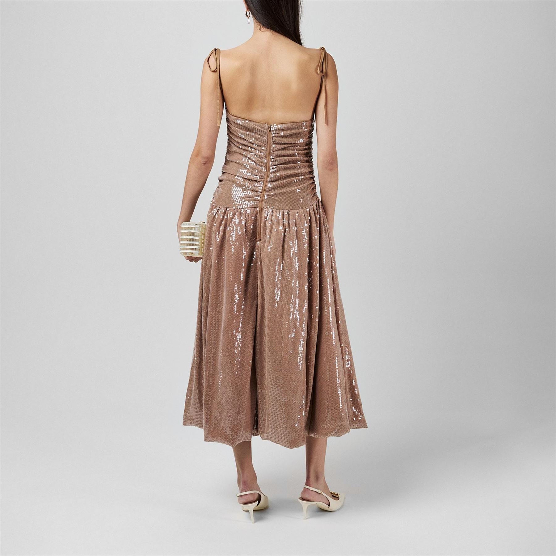 AmyLynn Sequin Square Neck Midi Peplum Dress