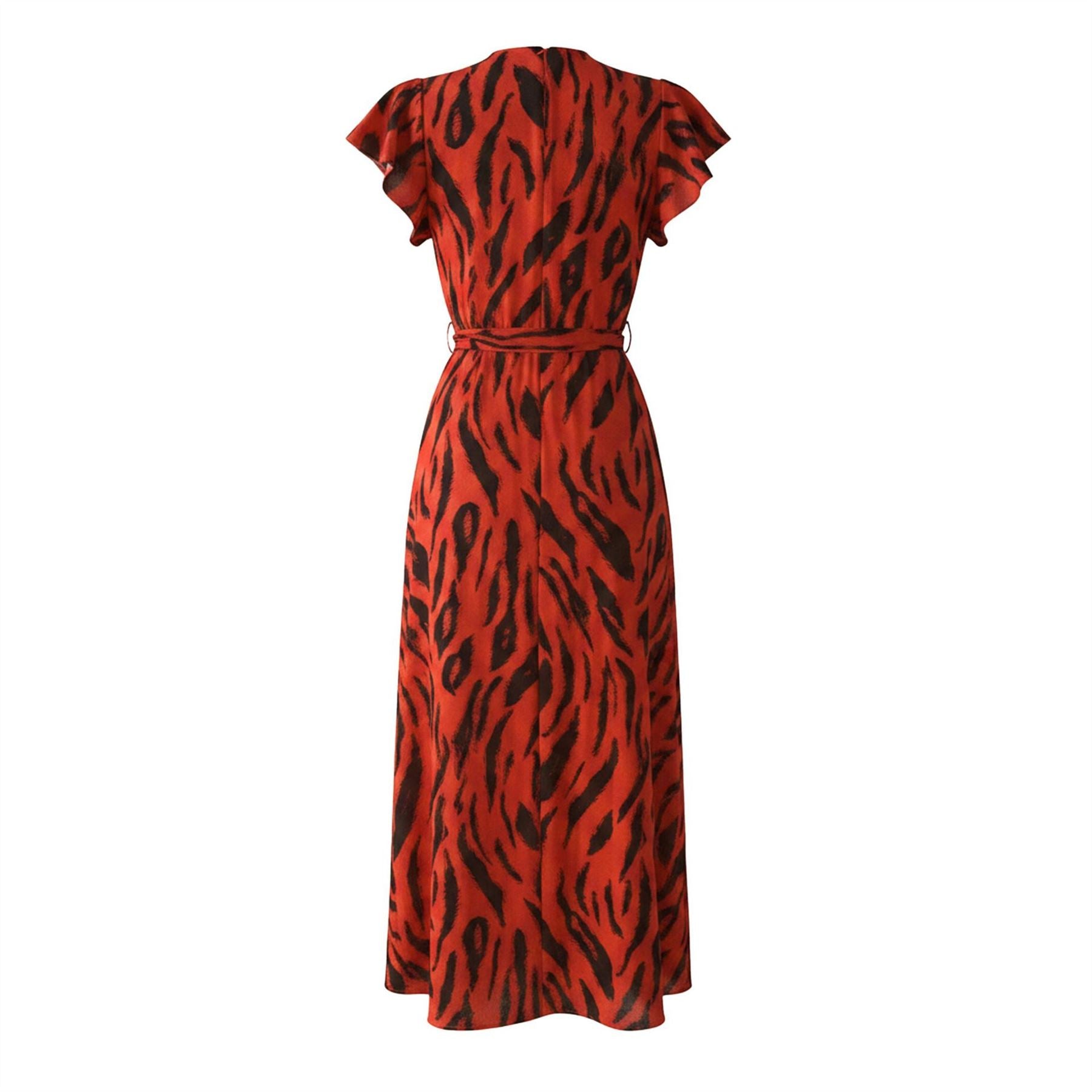 AX Paris Tiger Print Flutter Sleeve Belted Wrap Midi Dress