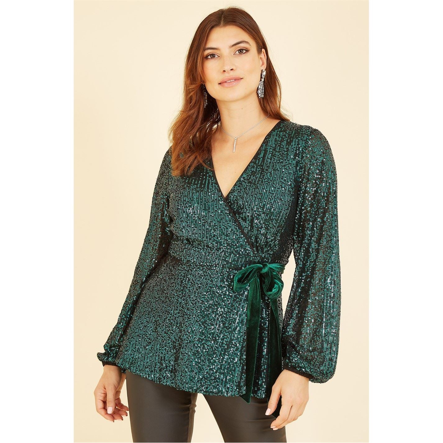 Yumi Sequin Wrap Top With Velvet Tie