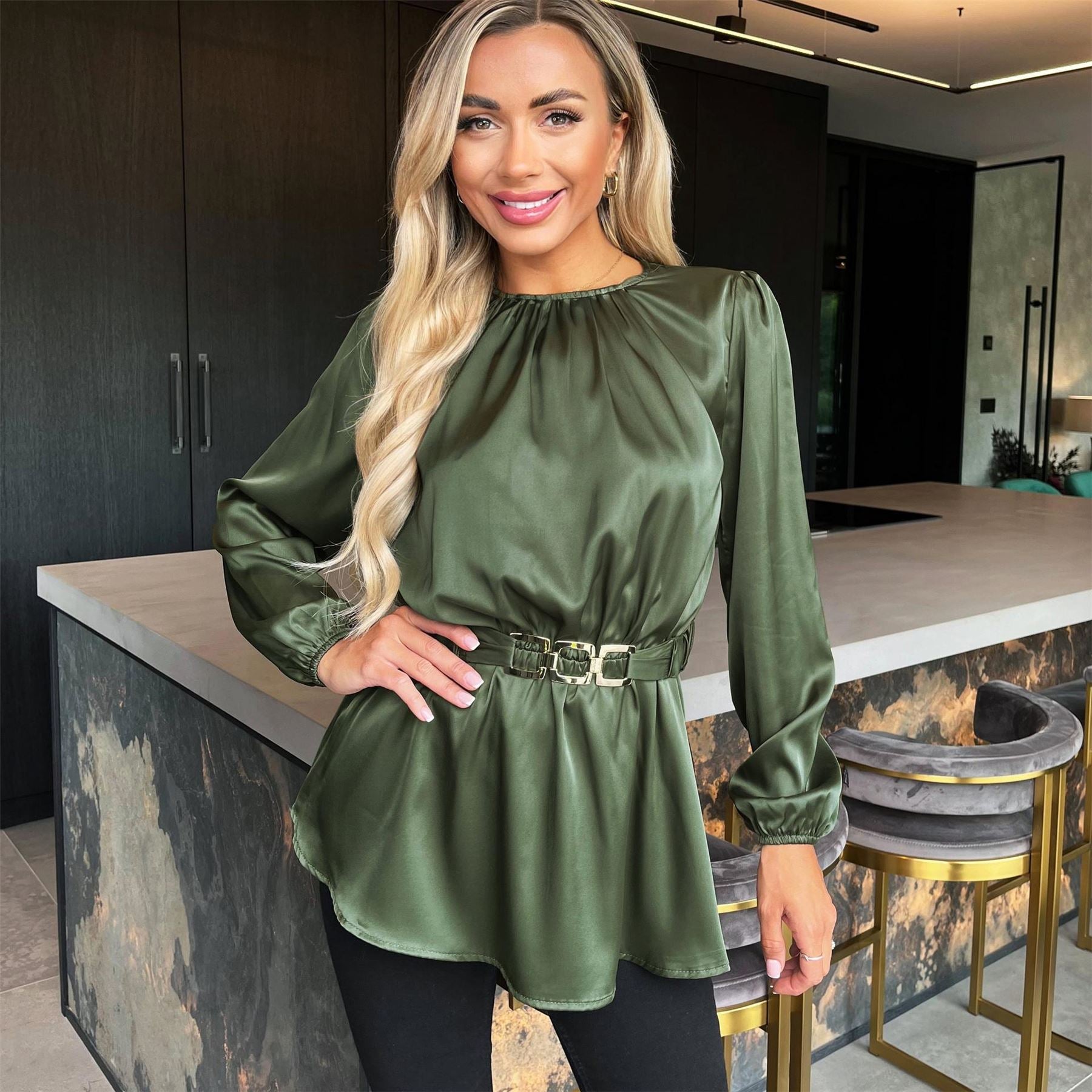 AX Paris Long Sleeve Gold Detail Belt Top