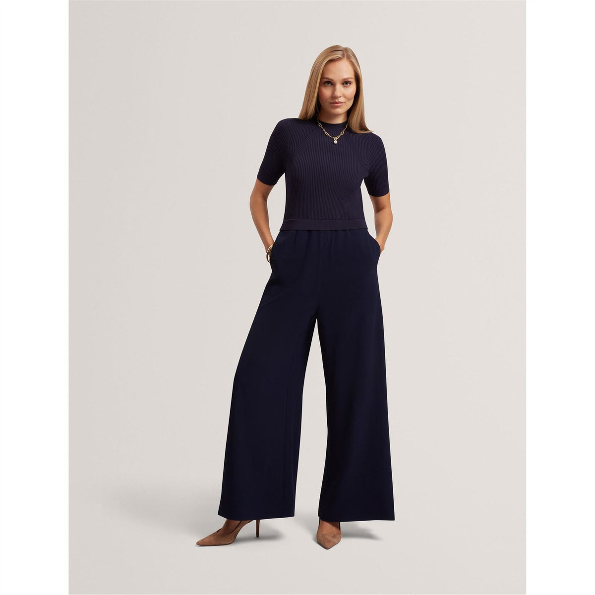 Ted Baker Mock Neck Short Sleeve Ribbed Palazzo Jumpsuit
