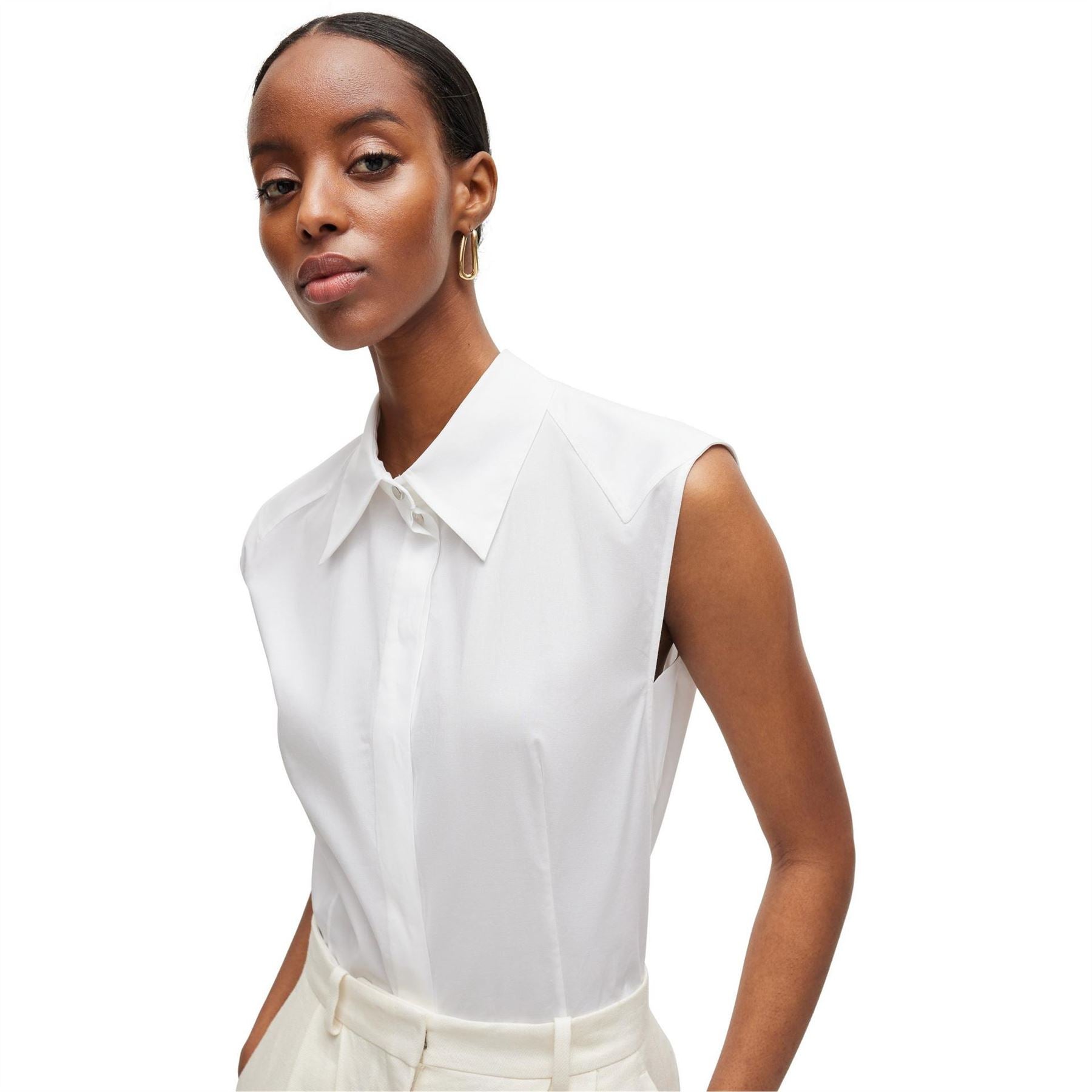 Boss Collared Neck Point Collar Sleeveless Blouse