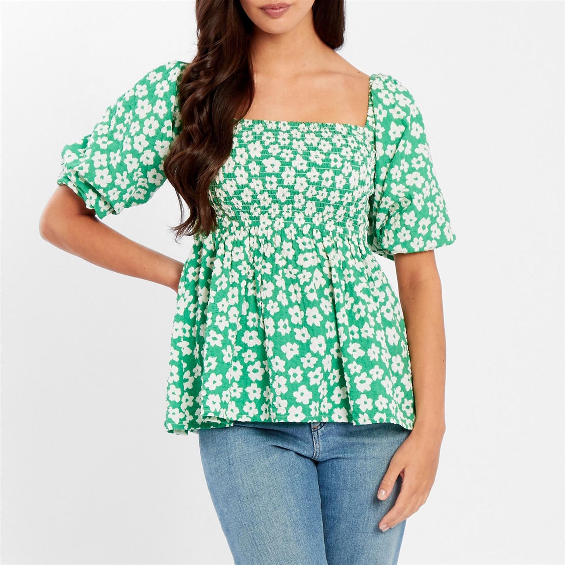 Be You Waffle Square Neck Short Sleeve Blouse
