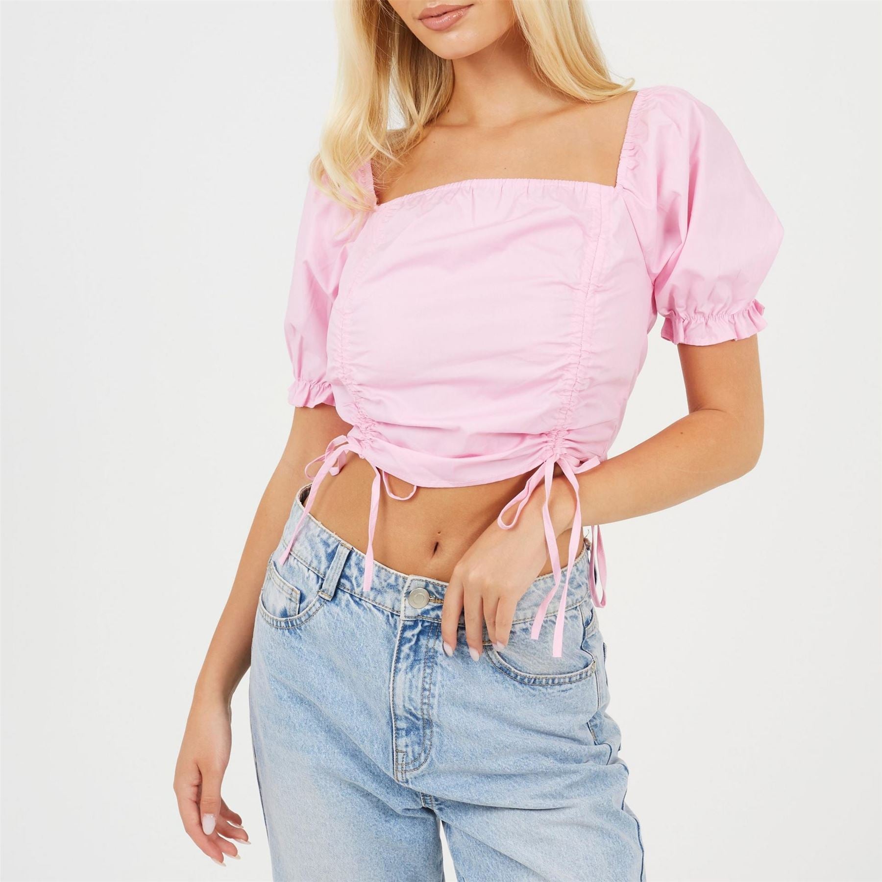 Brave Soul Womens Puff Sleeve Top With Ruched And Tie Details.