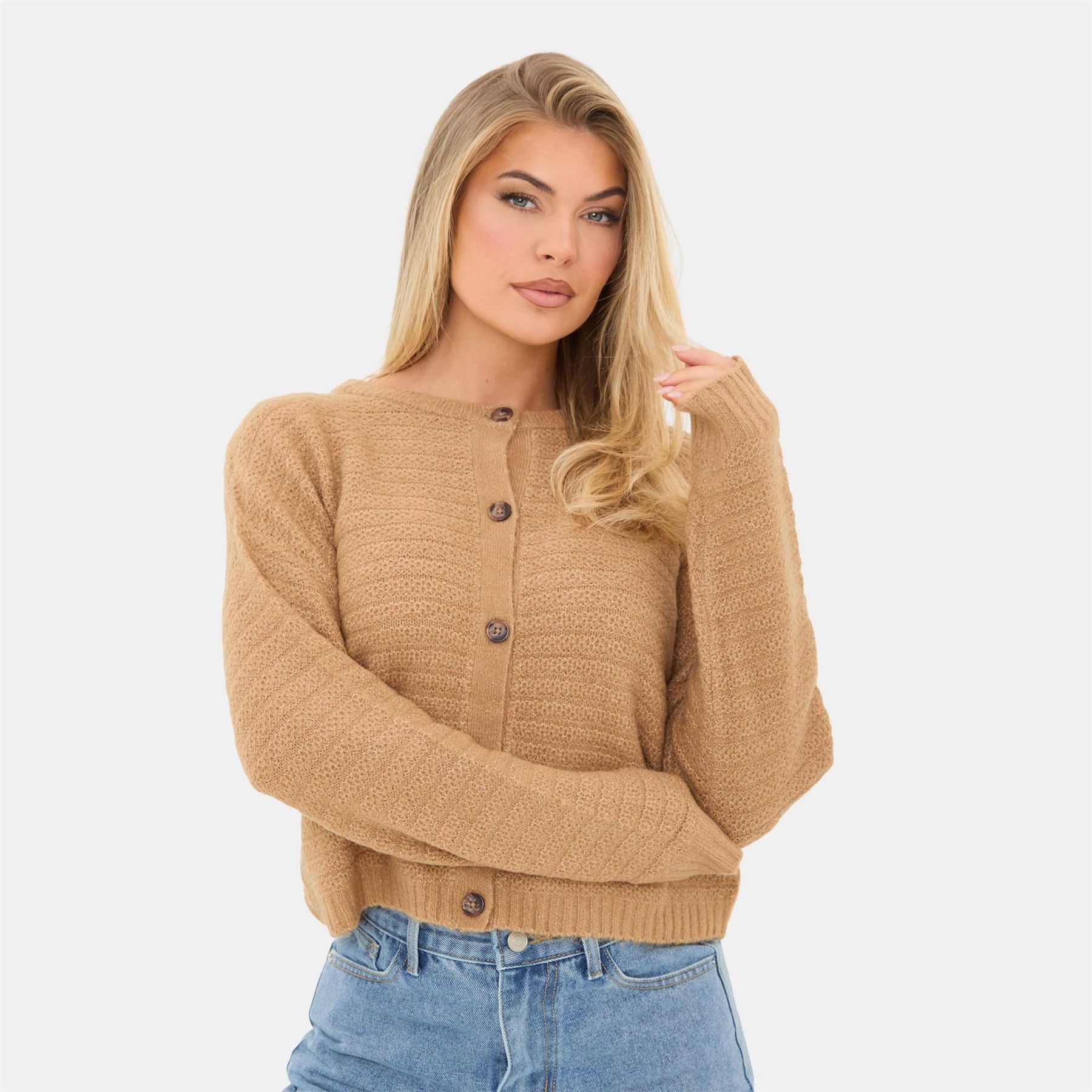 I Saw It First Button Placket Crew Neck Long Sleeve Cardigan