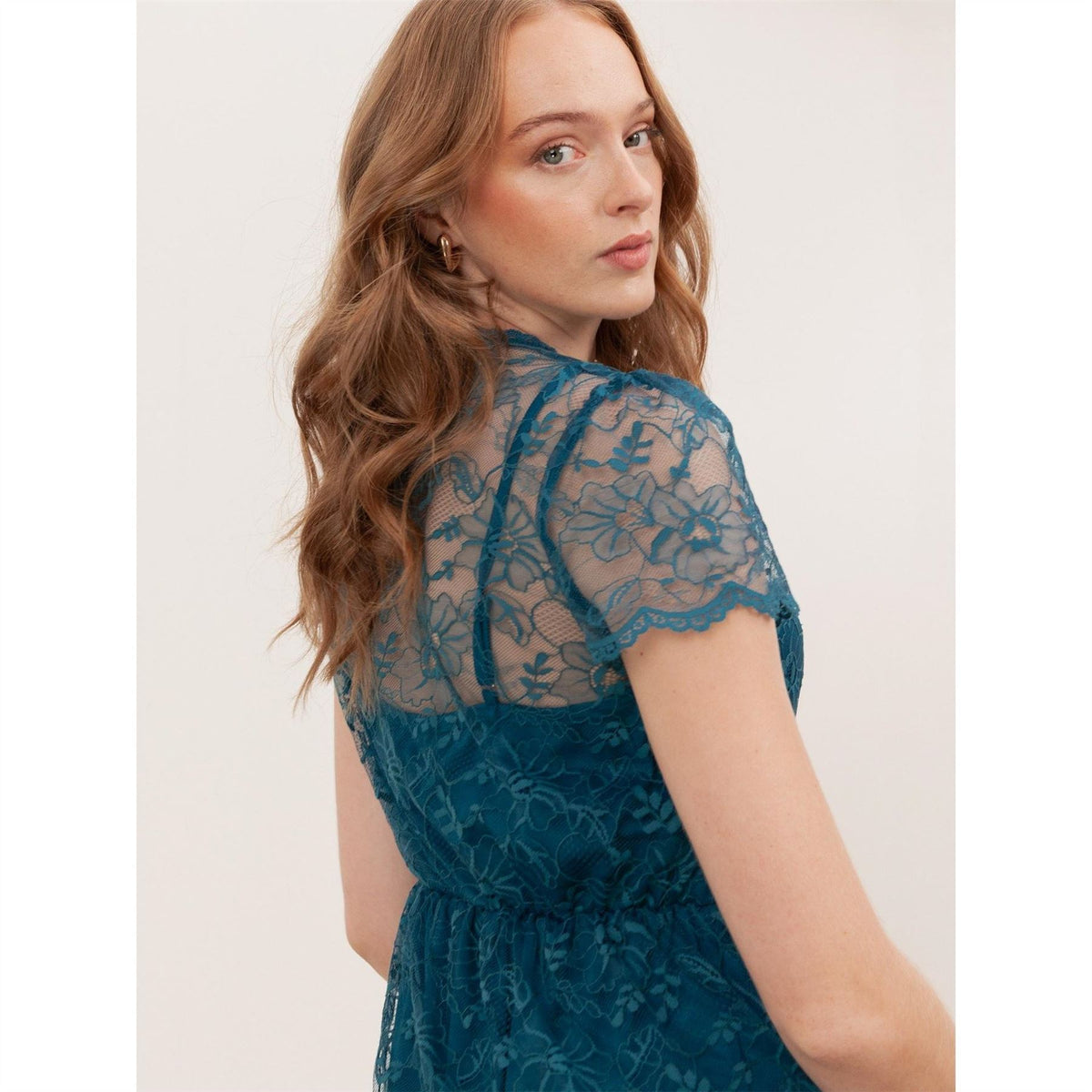 Lovedrobe Teal Floral Lace Short Sleeve Mini Dress