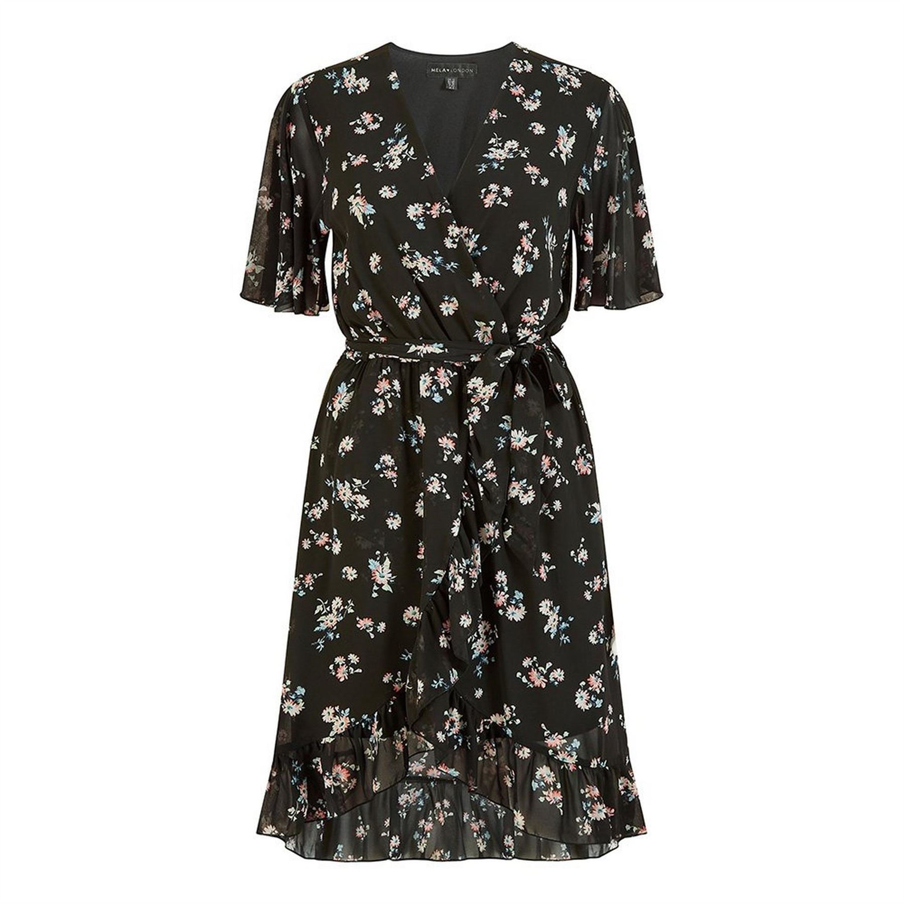 Mela London Black Floral Frill Wrap Dress
