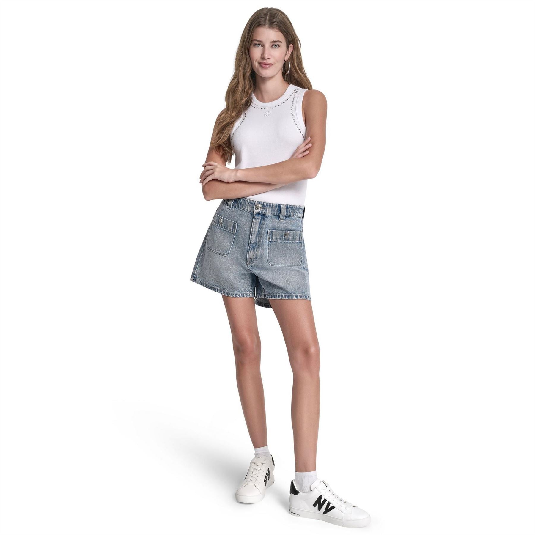 DKNY Jeans High Rise A Line Patch Pocket Shorts