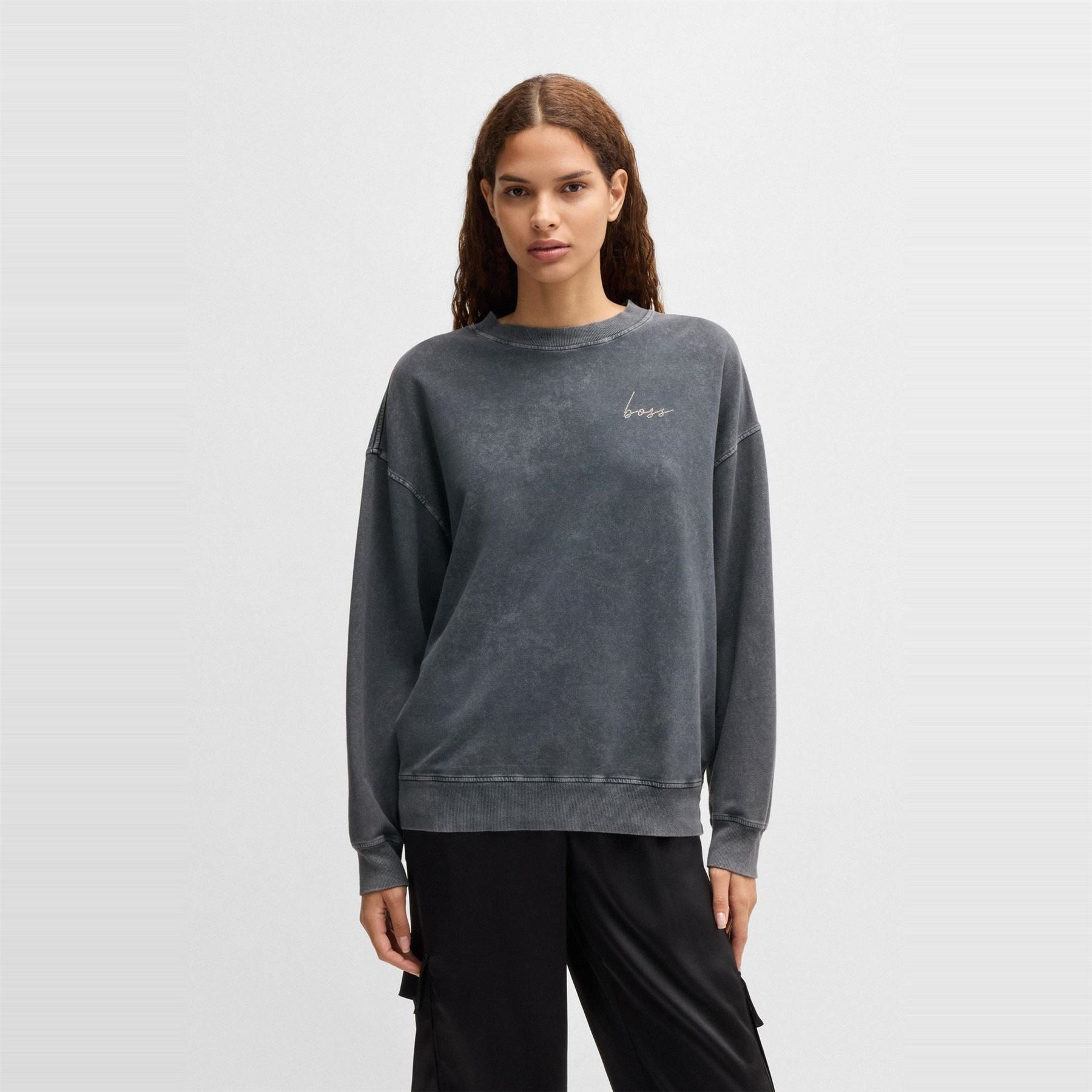Boss Embroidered Crew Neck Ribbed Collar Long Sleeve Sweatshirt