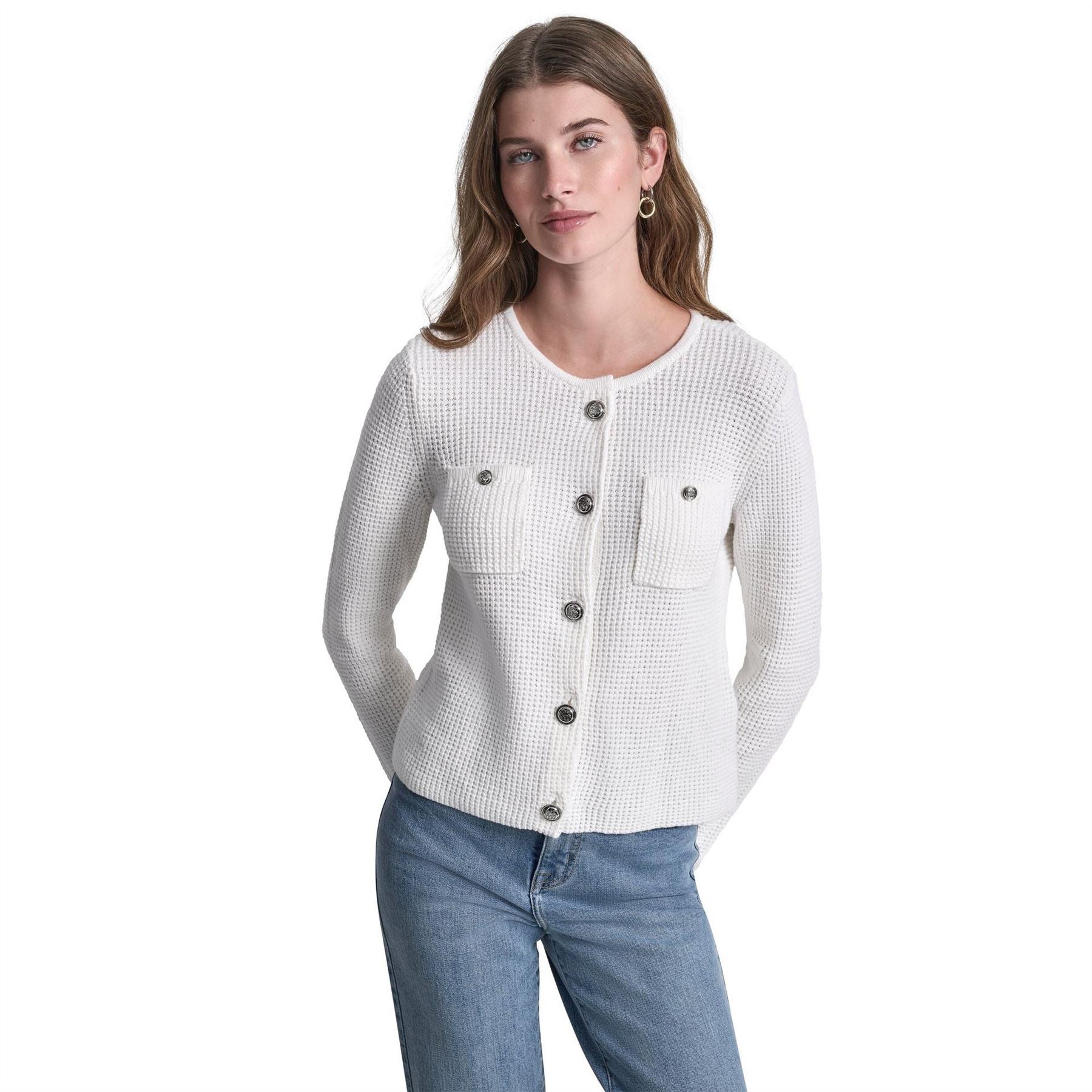 DKNY Jeans Tuck Stitch Crew Neck Cardigan W  Regal Buttons
