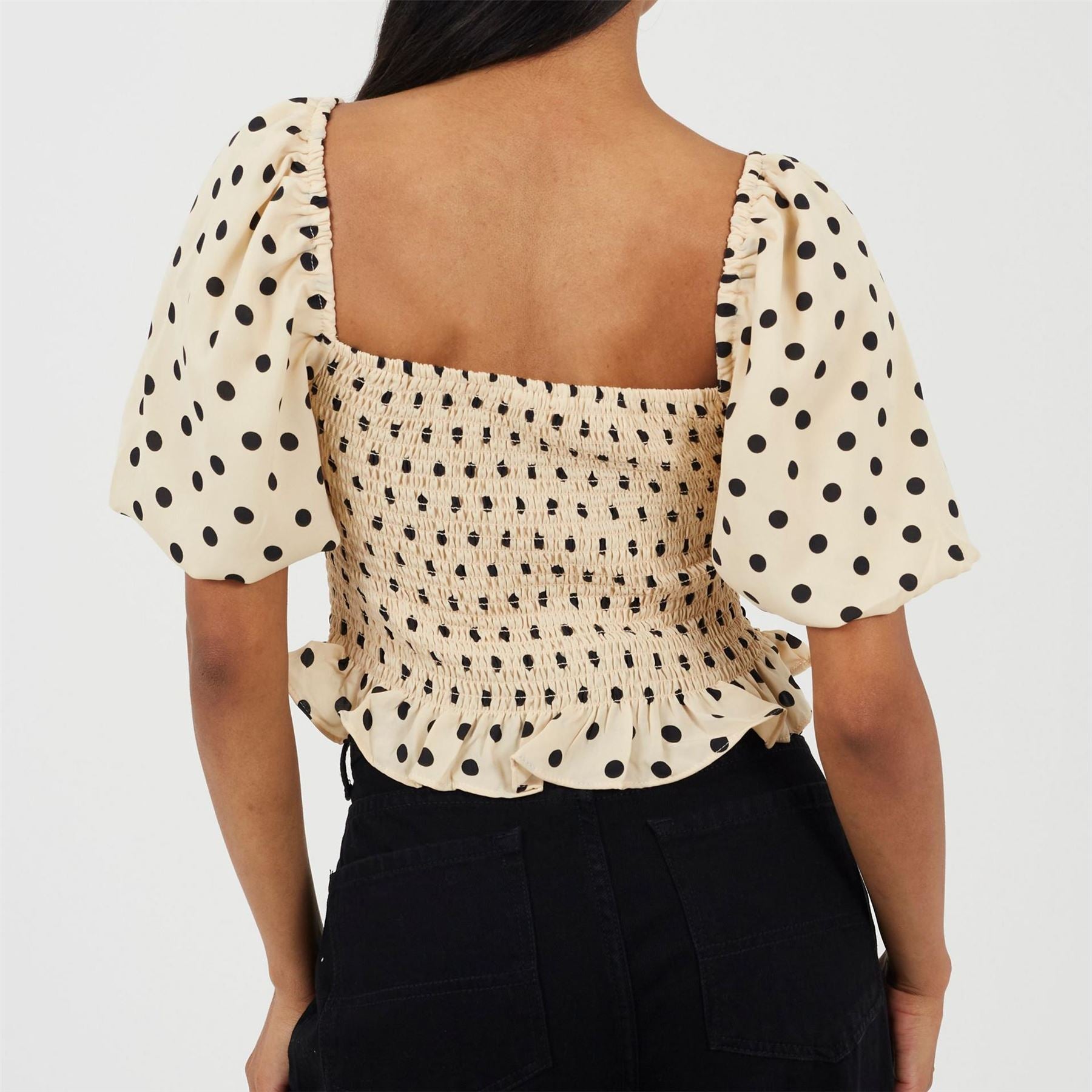 Brave Soul Womens Puff Sleeve Shirred Bust Polka Dot Top