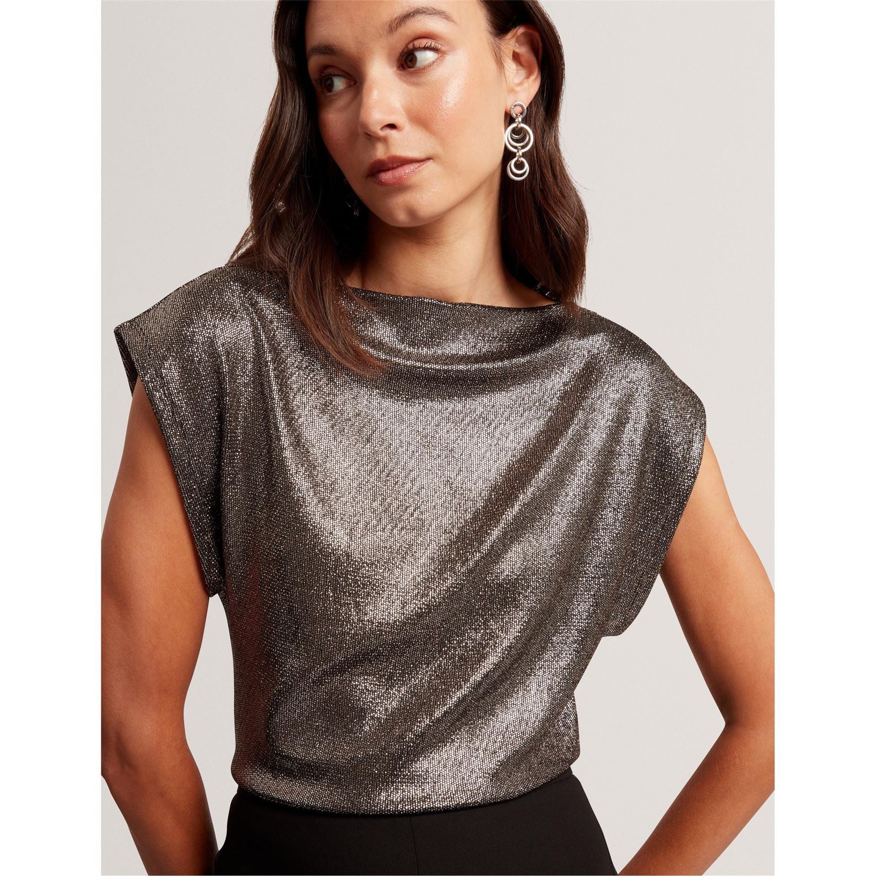 Ted Baker Metallic Stitching Boat Neck Cap Sleeve Shell Top