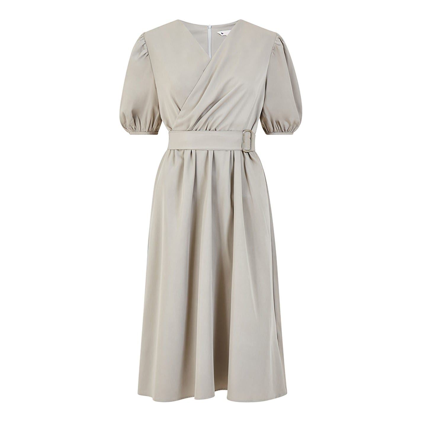 Yumi Sleeve Belted Midi Dress In Grey