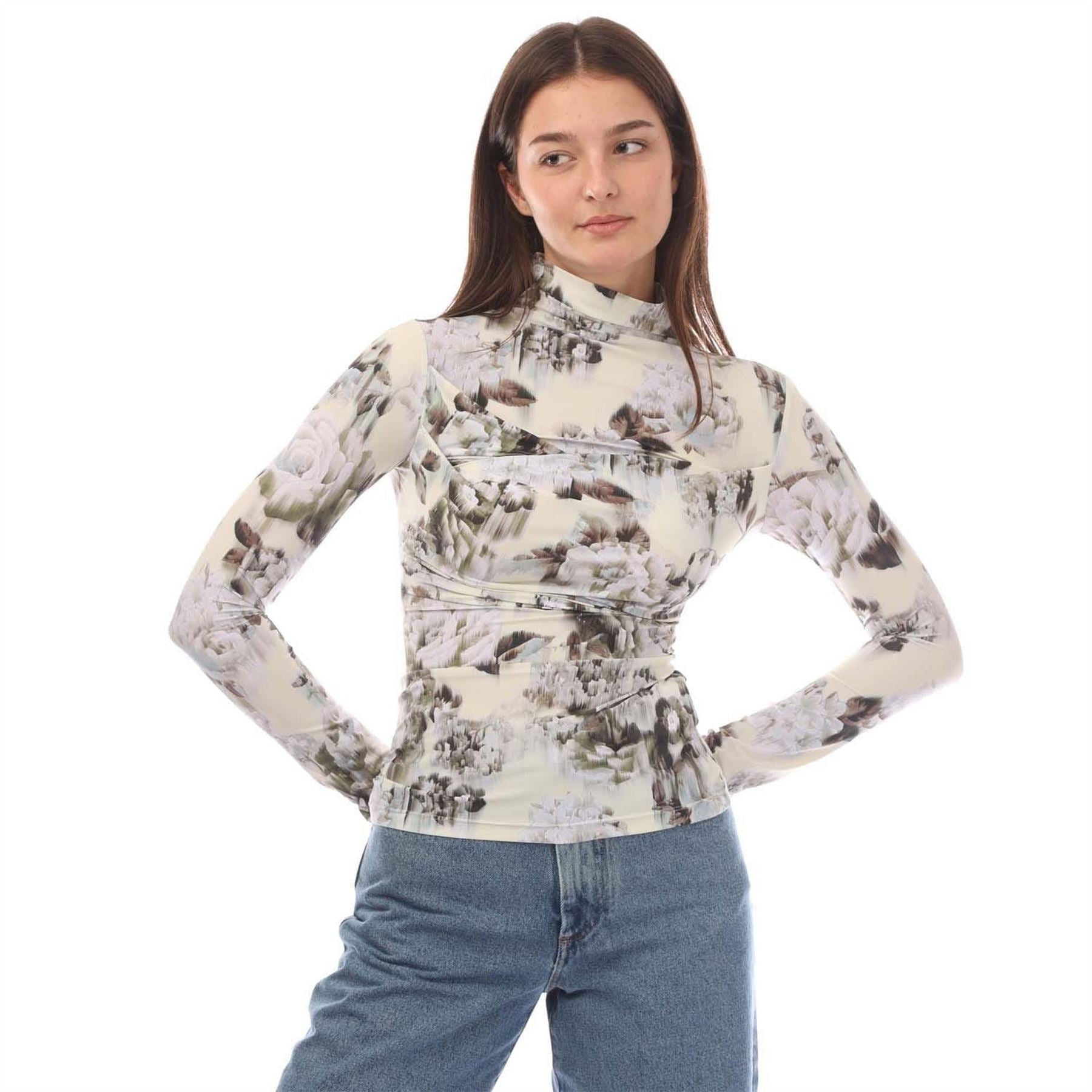 Off White Sec Skin Twist Long Sleeve Top, Chinese Flower Pattern