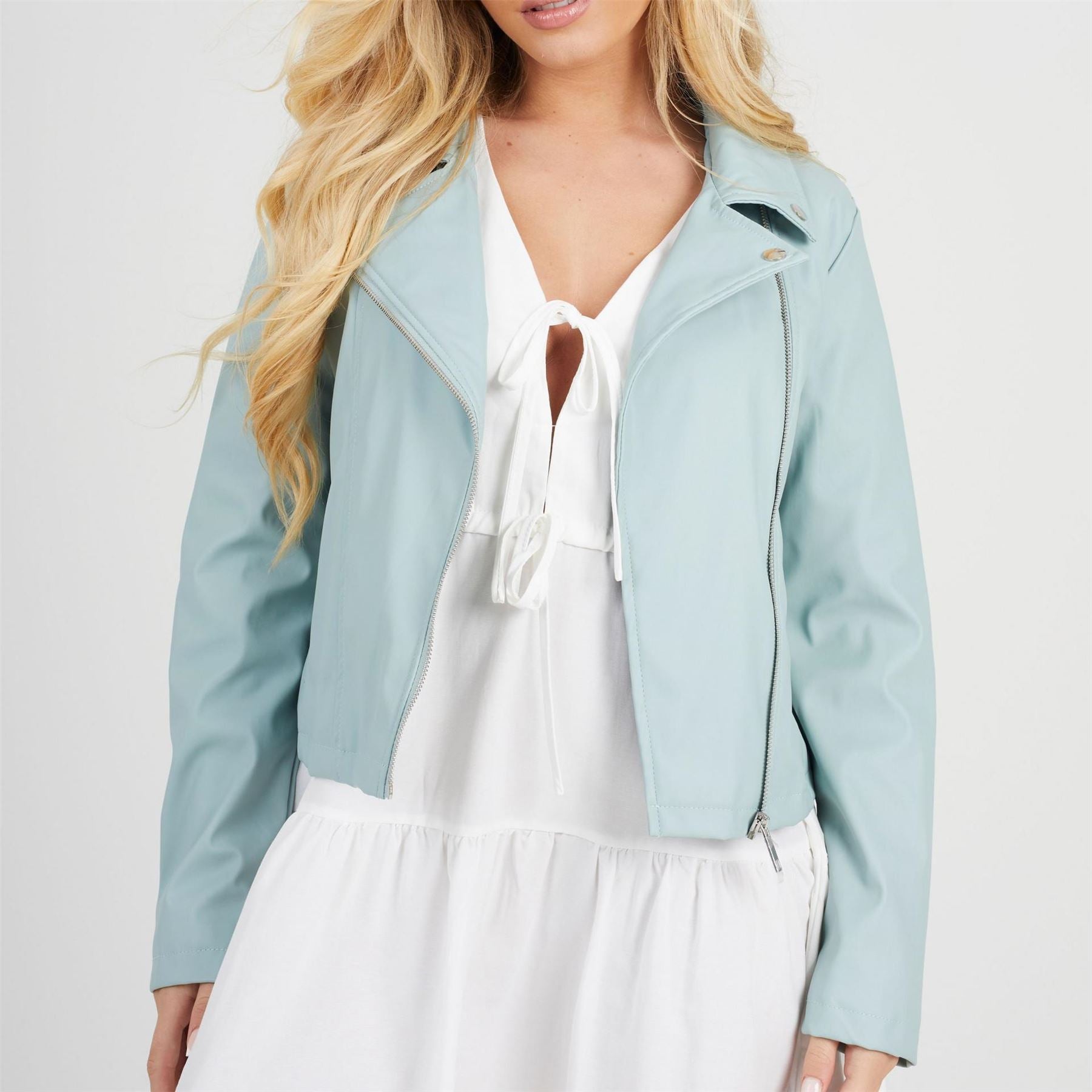 Brave Soul Womens Faux Leather Sage Green Biker Jacket