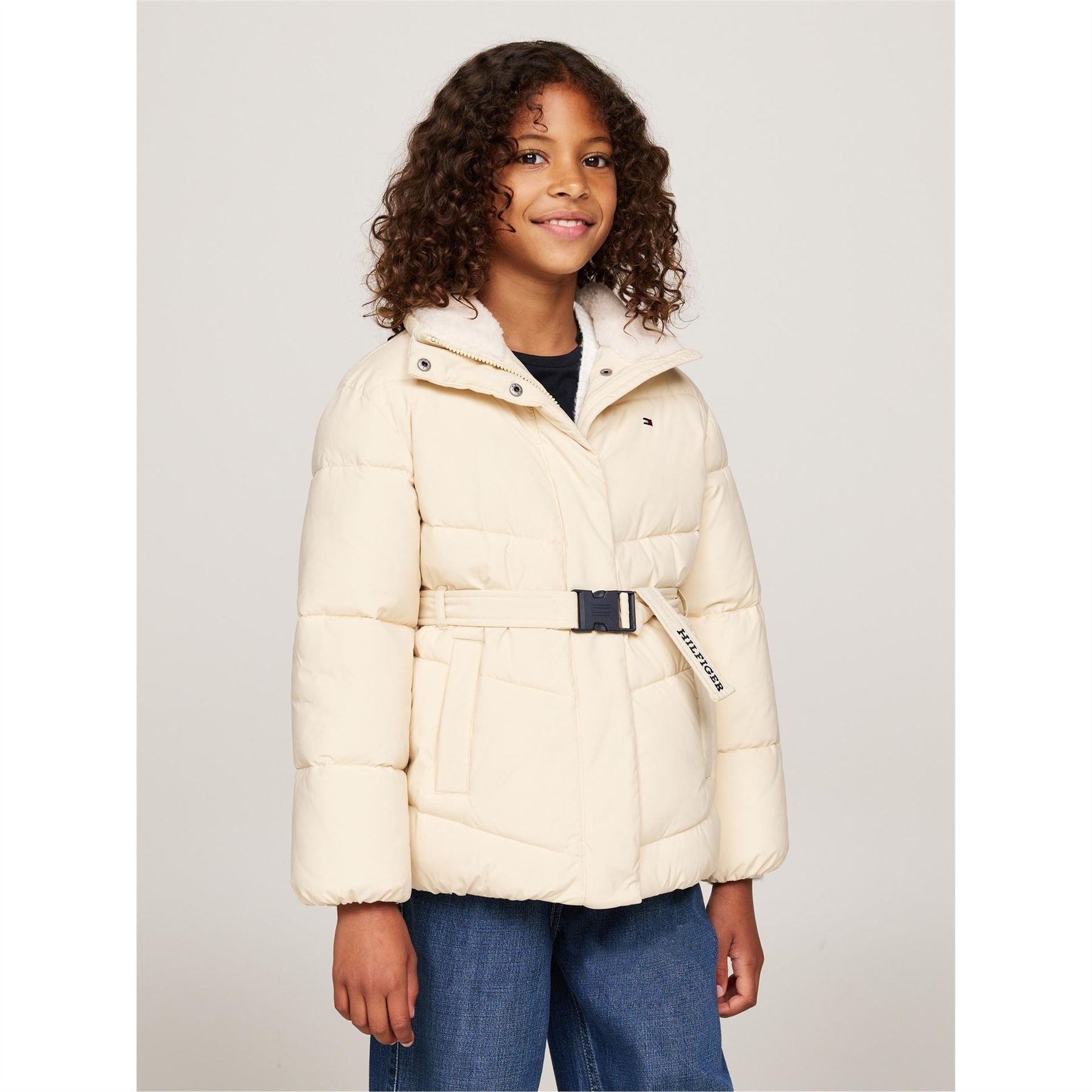 Tommy Hilfiger Teddy Collar Belted Wind Resistant Long Sleeve Oversized Fit Short Puffer Jacket