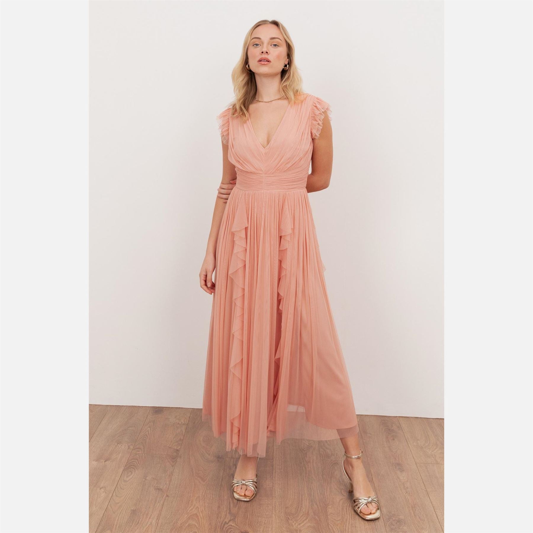 Anaya With Love With Love Recycled Peach V Neck Midaxi Dress With Waterfall Ruffle Detail