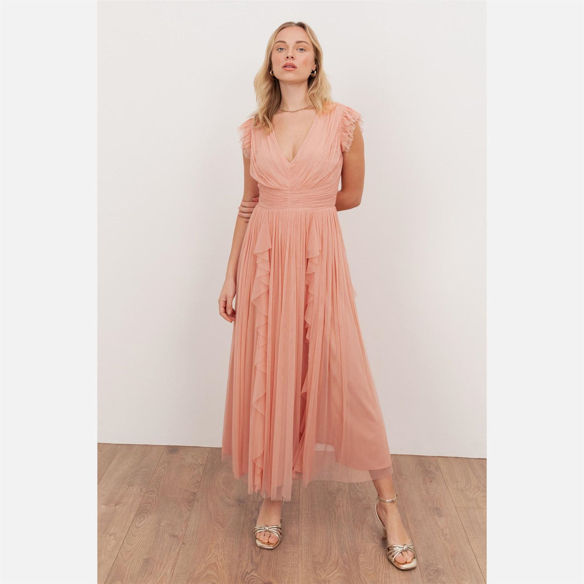 Anaya With Love With Love Recycled Peach V Neck Midaxi Dress With Waterfall Ruffle Detail